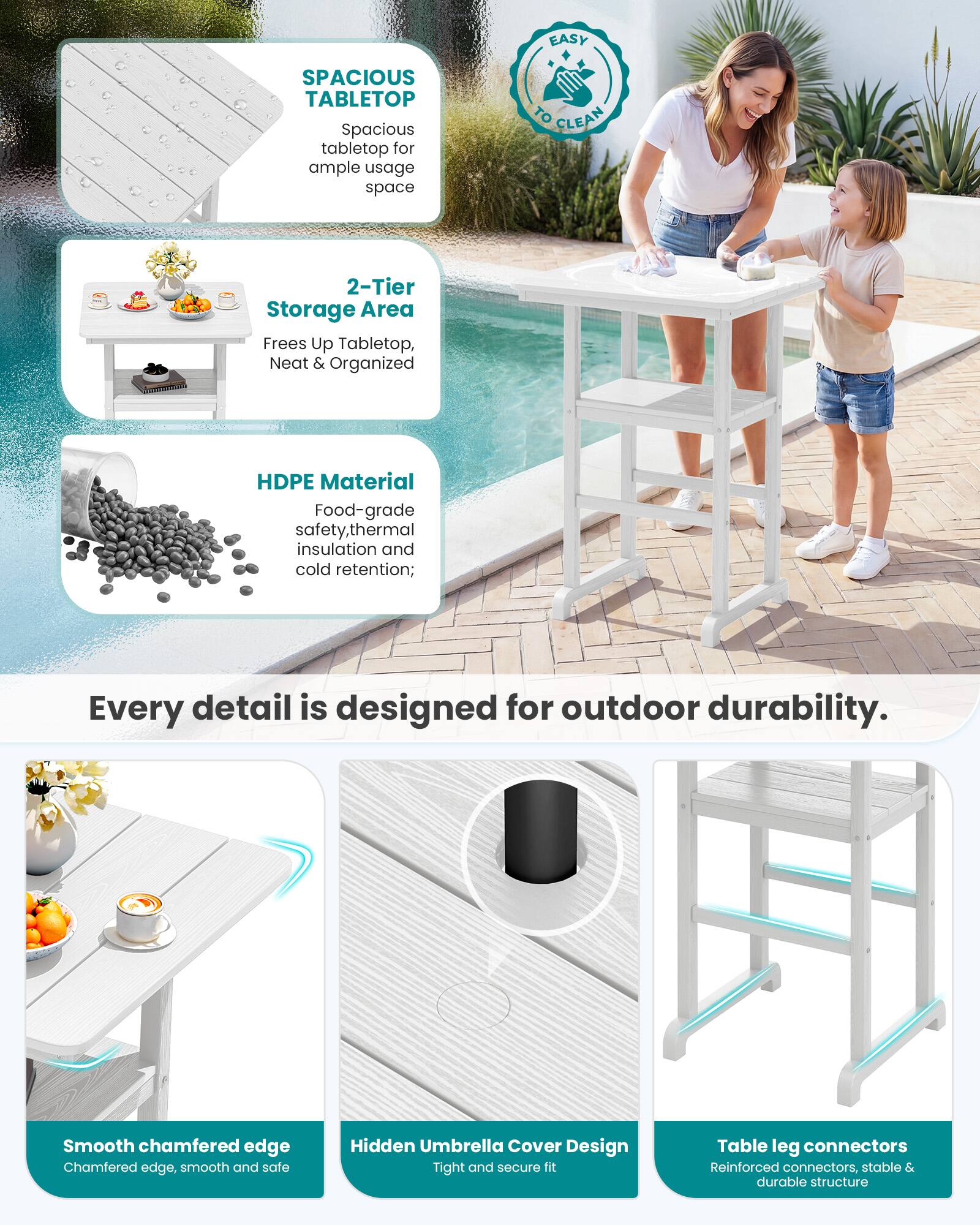 EASY TO CLEAN

SPACIOUS TABLETOP
Spacious tabletop for ample usage space

2-Tier Storage Area
Frees Up Tabletop, Neat & Organized

HDPE Material
Food-grade safety, thermal insulation and cold retention;

Every detail is designed for outdoor durability.

Smooth chamfered edge
Chamfered edge, smooth and safe

Hidden Umbrella Cover Design
Tight and secure fit

Table leg connectors
Reinforced connectors, stable & durable structure