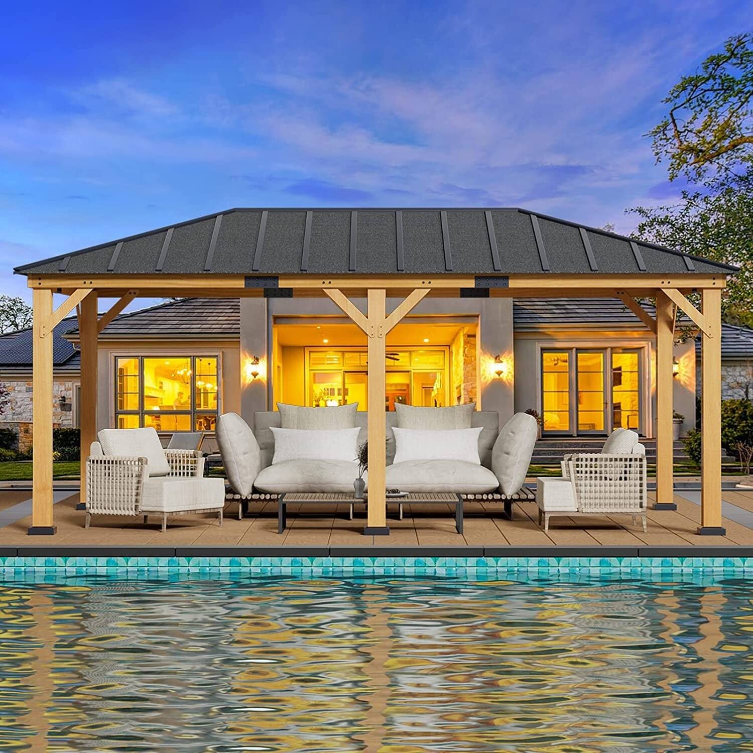 Angle. U-HOMY - Hardtop Spruce Wood Gazebo with Asphalt Roof, Outdoor All-Weather Pergola Shelter for Patio, Deck & Backyard - 12'x20'.