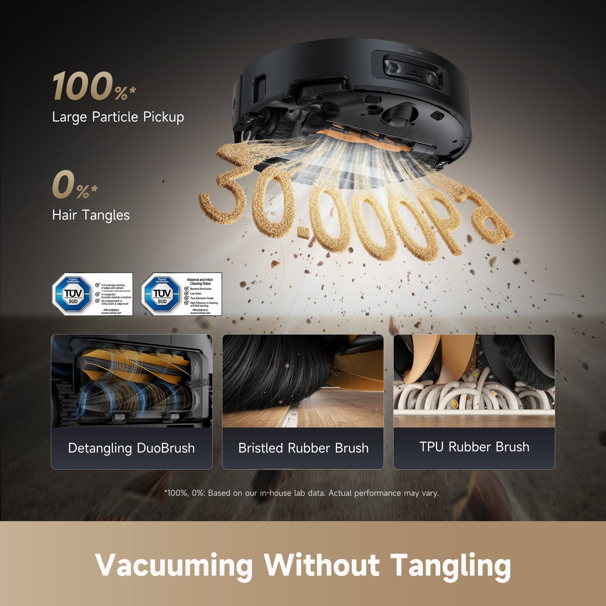 100% Large Particle Pickup  
0%* Hair Tangles  
30,000Pa  

Detangling DuoBrush  
Bristled Rubber Brush  
TPU Rubber Brush  

*100%, 0%: Based on our in-house lab data. Actual performance may vary.  

Vacuuming Without Tangling