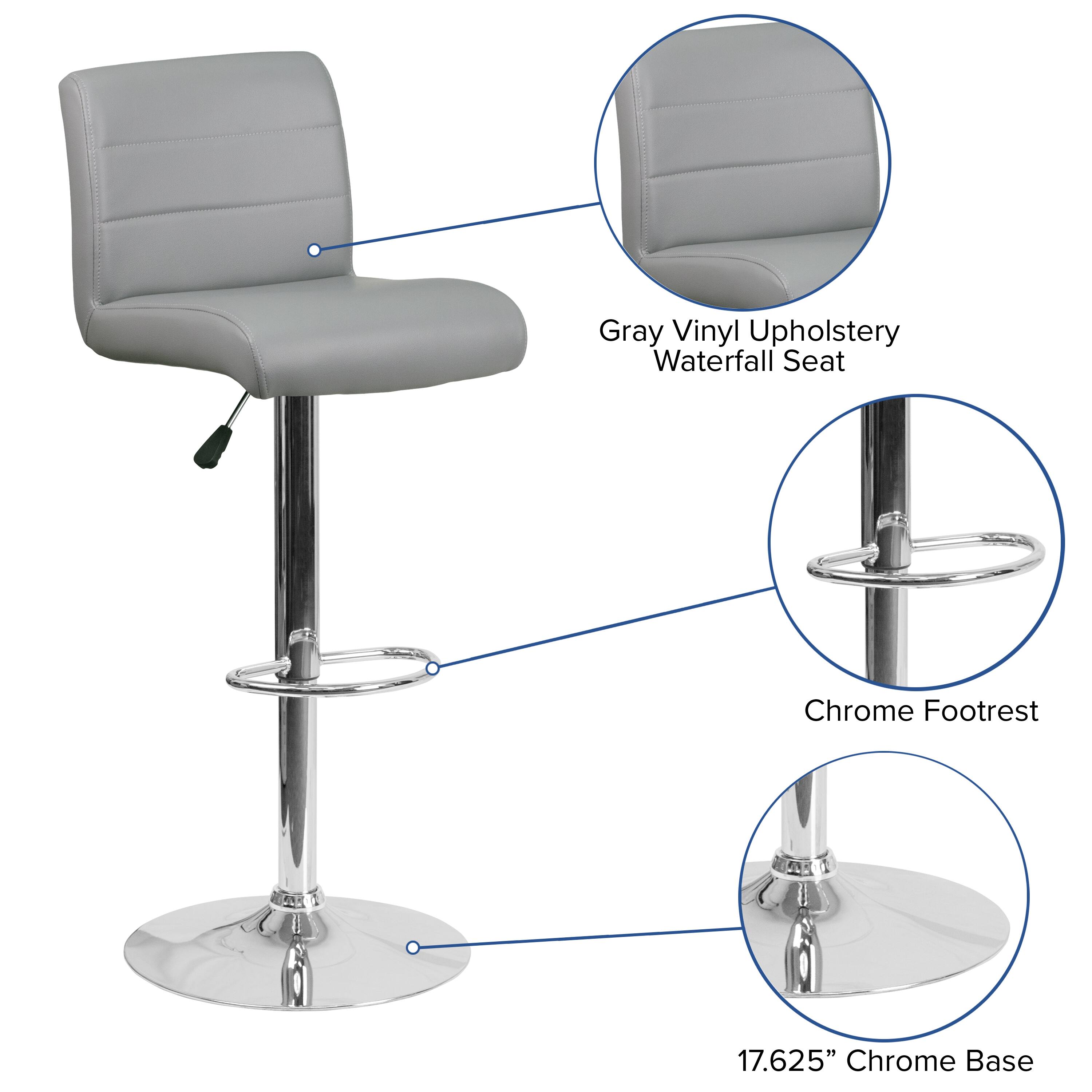Gray Vinyl Upholstery Waterfall Seat  
Chrome Footrest  
17.625" Chrome Base