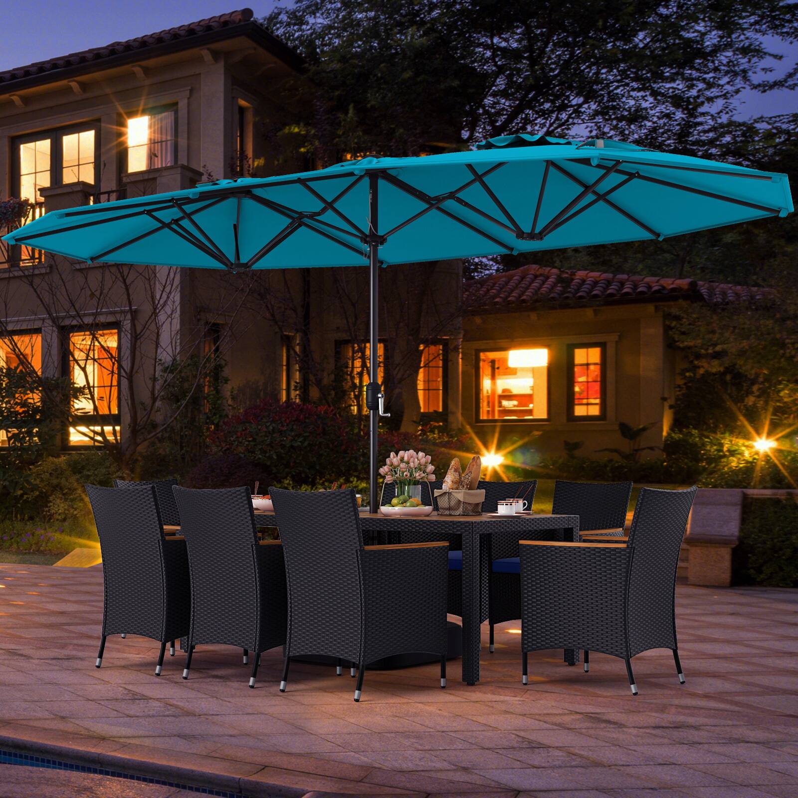 Alt View 4. Costway - Costway 11 PCS Patio Wicker Dining Set with Double-Sided Outdoor Umbrella 8 Stackable Chairs - Turquoise+Navy.