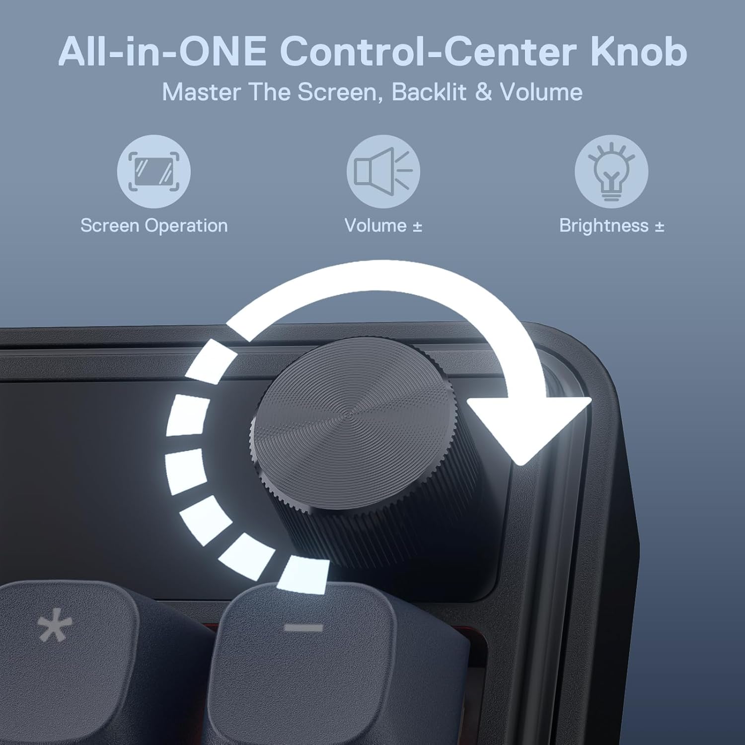 All-in-ONE Control-Center Knob  
Master The Screen, Backlit & Volume  

Screen Operation  
Volume +  
Brightness +