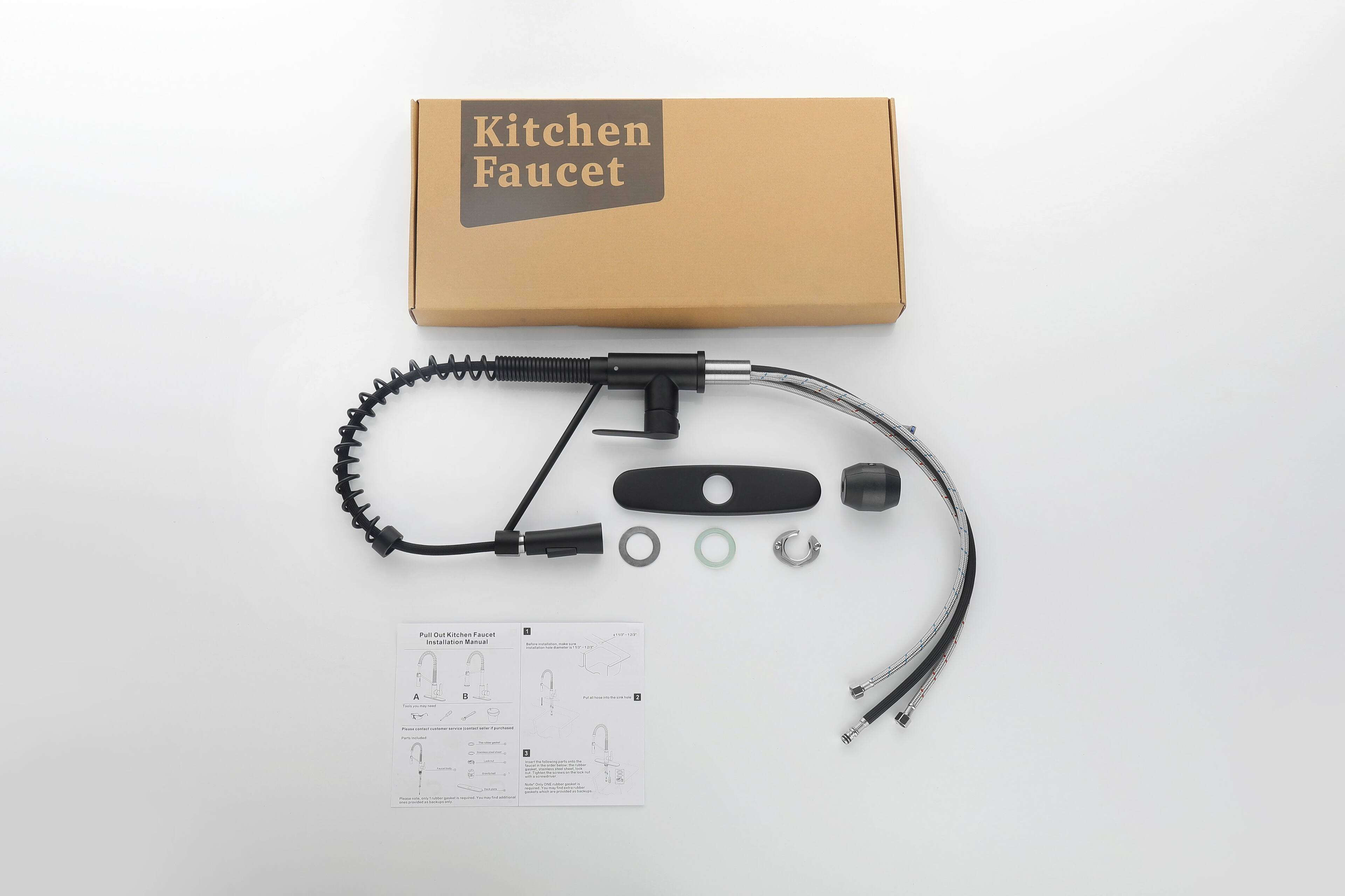 Kitchen Faucet Installation

A. Pull Out Faucet
1. Attach the pull-out hose to the faucet.
2. Connect the hose to the water supply.

B. Installation Steps
1. Attach the faucet to the sink using the provided gaskets and nuts.
2. Connect the water supply lines to the faucet.
3. Attach the pull-out hose to the faucet.

C. Additional Components
- Gaskets
- Nuts
- Hose
- Pull-out handle

D. Instructions
- Follow the diagram for proper installation.
- Ensure all connections are tight and secure.
- Test for leaks after installation.