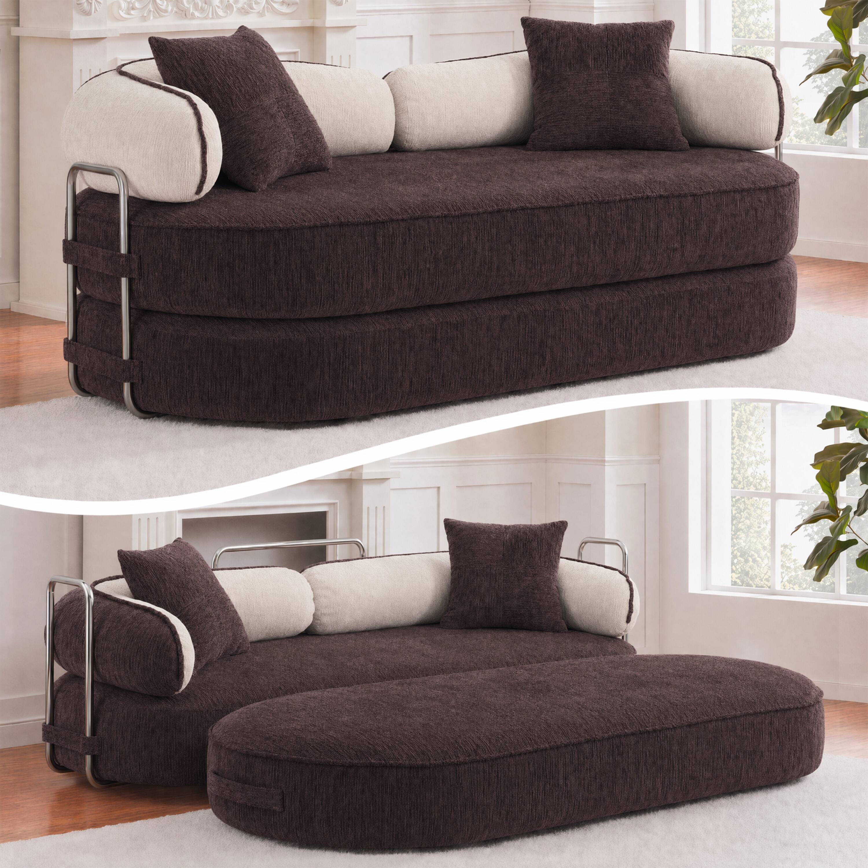 Alt View 6. Vipbear - Curved Loveseat with 4 Pillows, Modern Boneless Couch, Convertible Sleeper Sofa Bed - Brown/Cream.