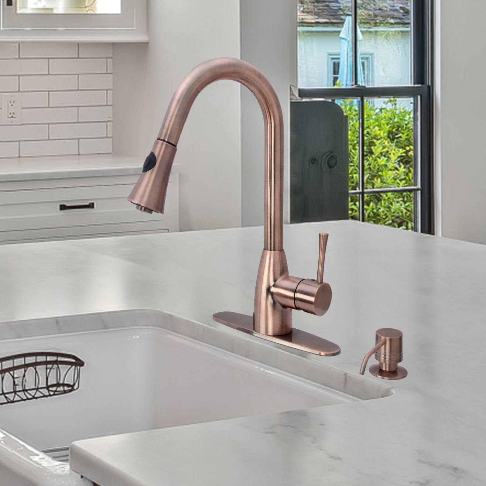 Alt View 3. Akicon - Akicon Brass Built-in Soap Dispenser for Kitchen Sink Refill from Top with 17 oz. Bottle in Antique Copper - Antique Copper.