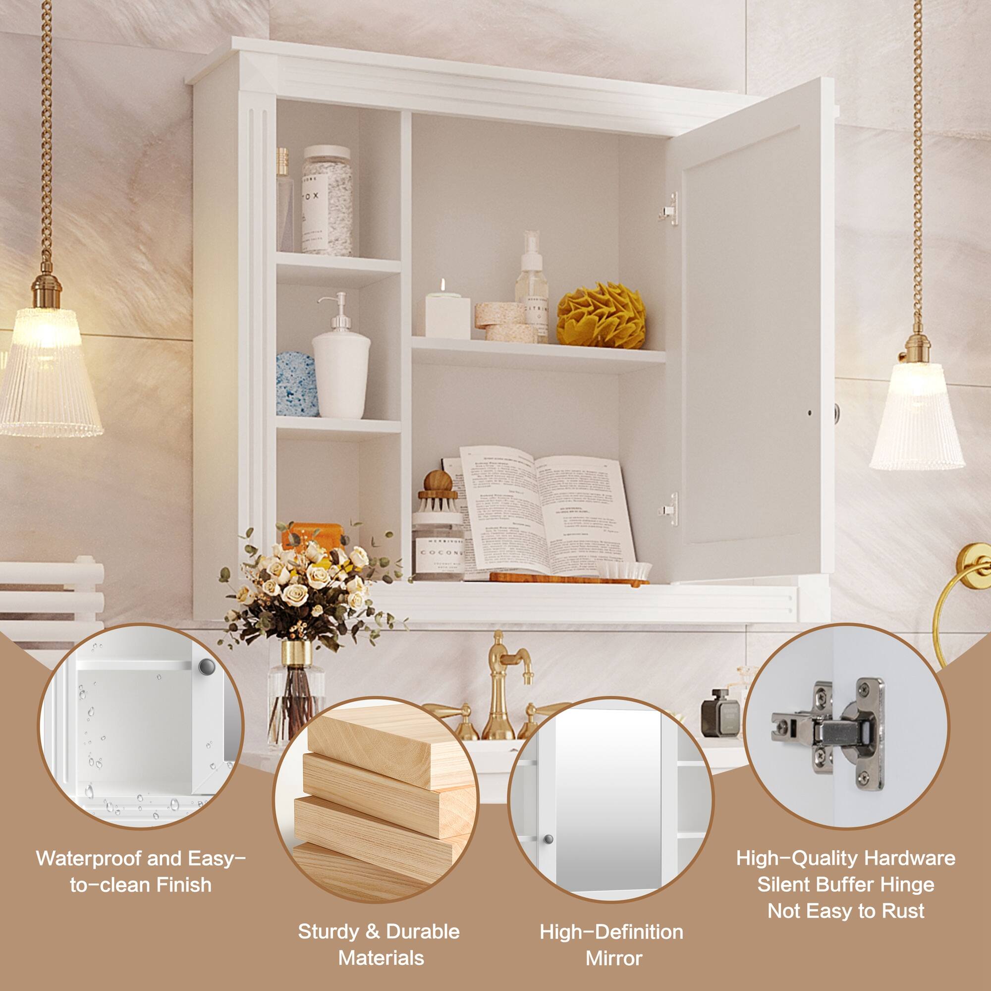 - Waterproof and Easy-to-clean Finish
- Sturdy & Durable Materials
- High-Quality Hardware
- Silent Buffer Hinge
- Not Easy to Rust
- High-Definition Mirror