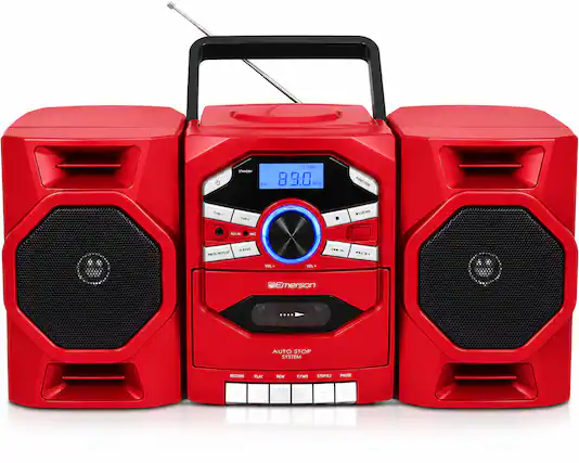I STAND BY STEREO FM 89.0 MHz FUNCTION RUN - notot PISCAN Au - - X-B4US PROC REPEAT 144 IM ERIT - VOL VIA Emerson AUTO STOP SYSTEM RECORD PLAY REW FWD STOP PAUSE