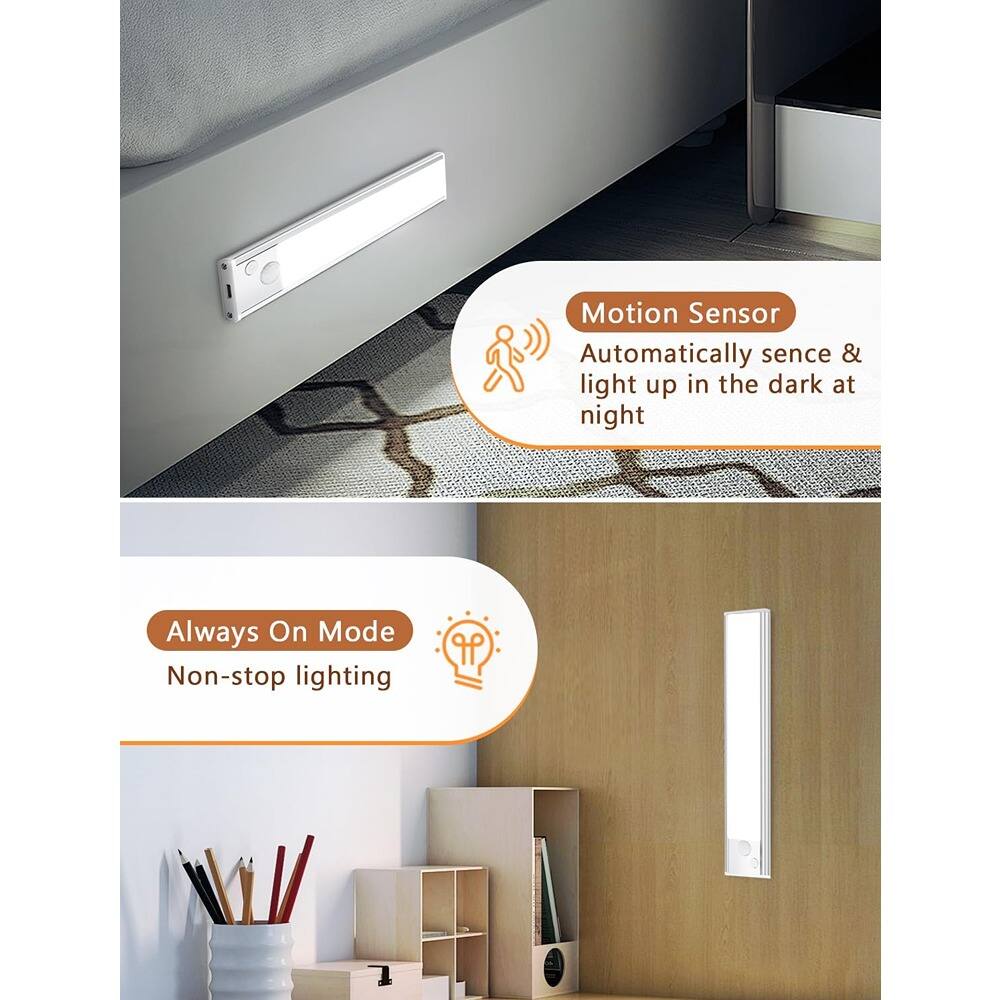 Motion Sensor  
Automatically sense & light up in the dark at night  

Always On Mode  
Non-stop lighting