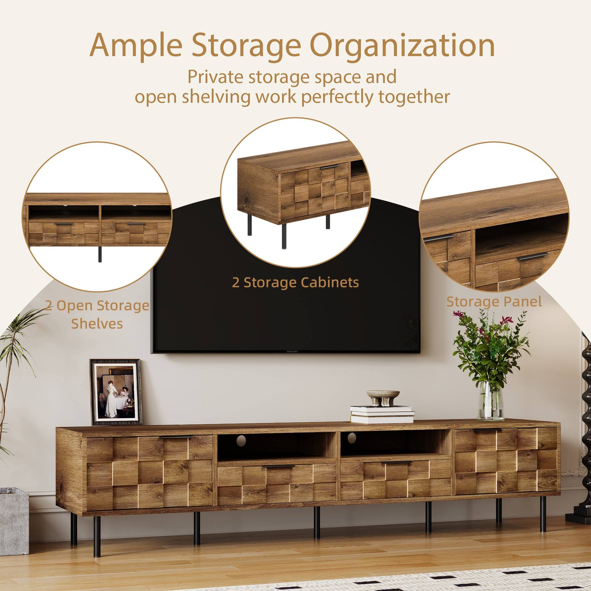 Ample Storage Organization  
Private storage space and open shelving work perfectly together  

2 Open Storage Shelves  
2 Storage Cabinets  
Storage Panel