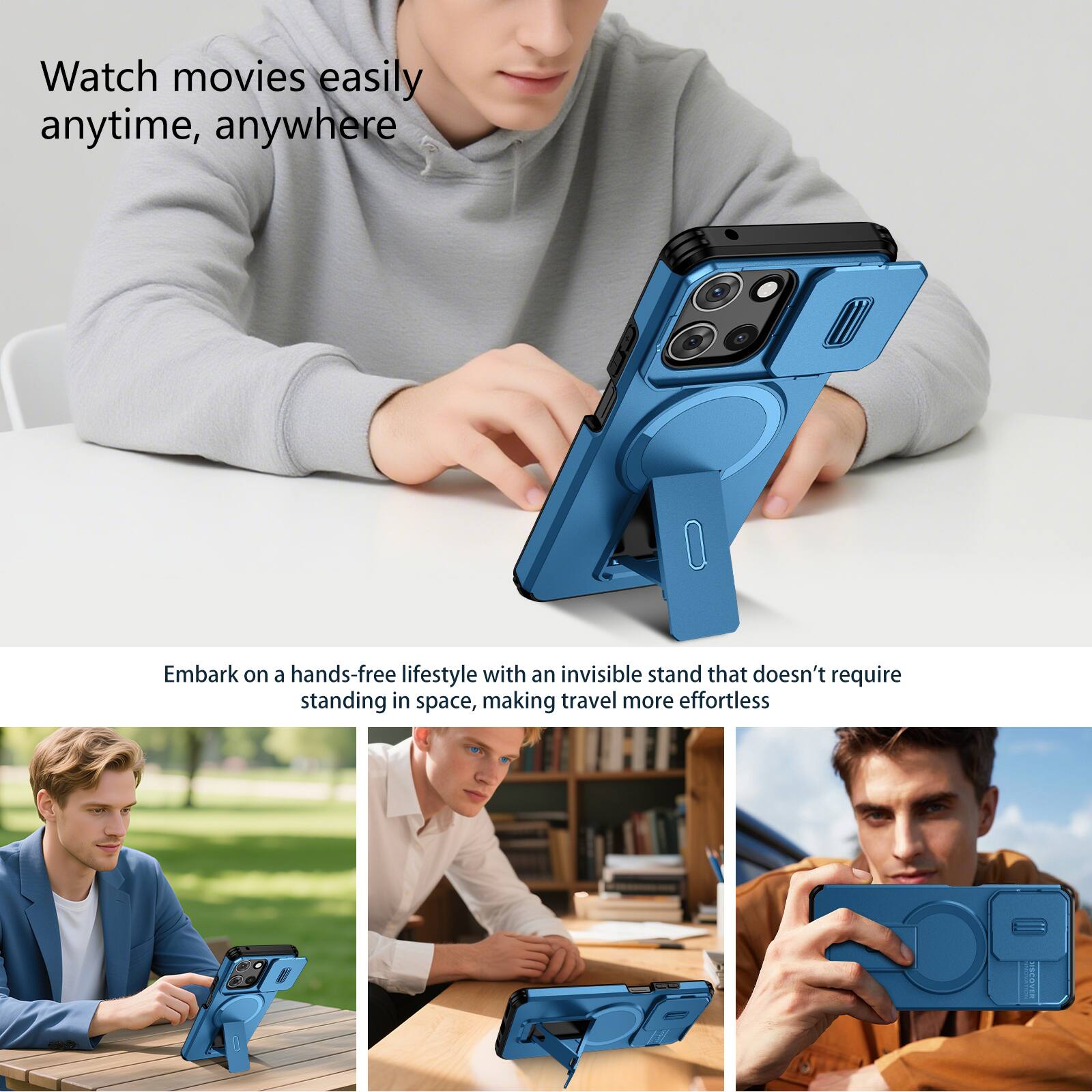 Watch movies easily anytime, anywhere

Embark on a hands-free lifestyle with an invisible stand that doesn't require standing in space, making travel more effortless