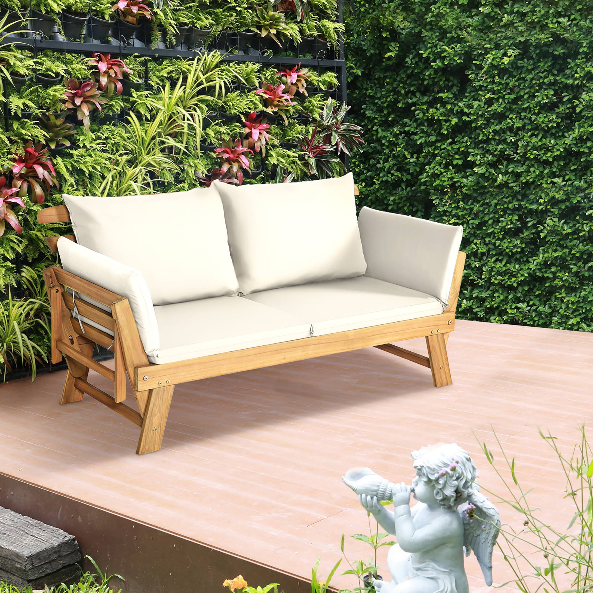 Alt View 3. Gymax - Gymax Adjustable Patio Sofa Daybed Acacia Wood Furniture w/ White Cushions - as pic.