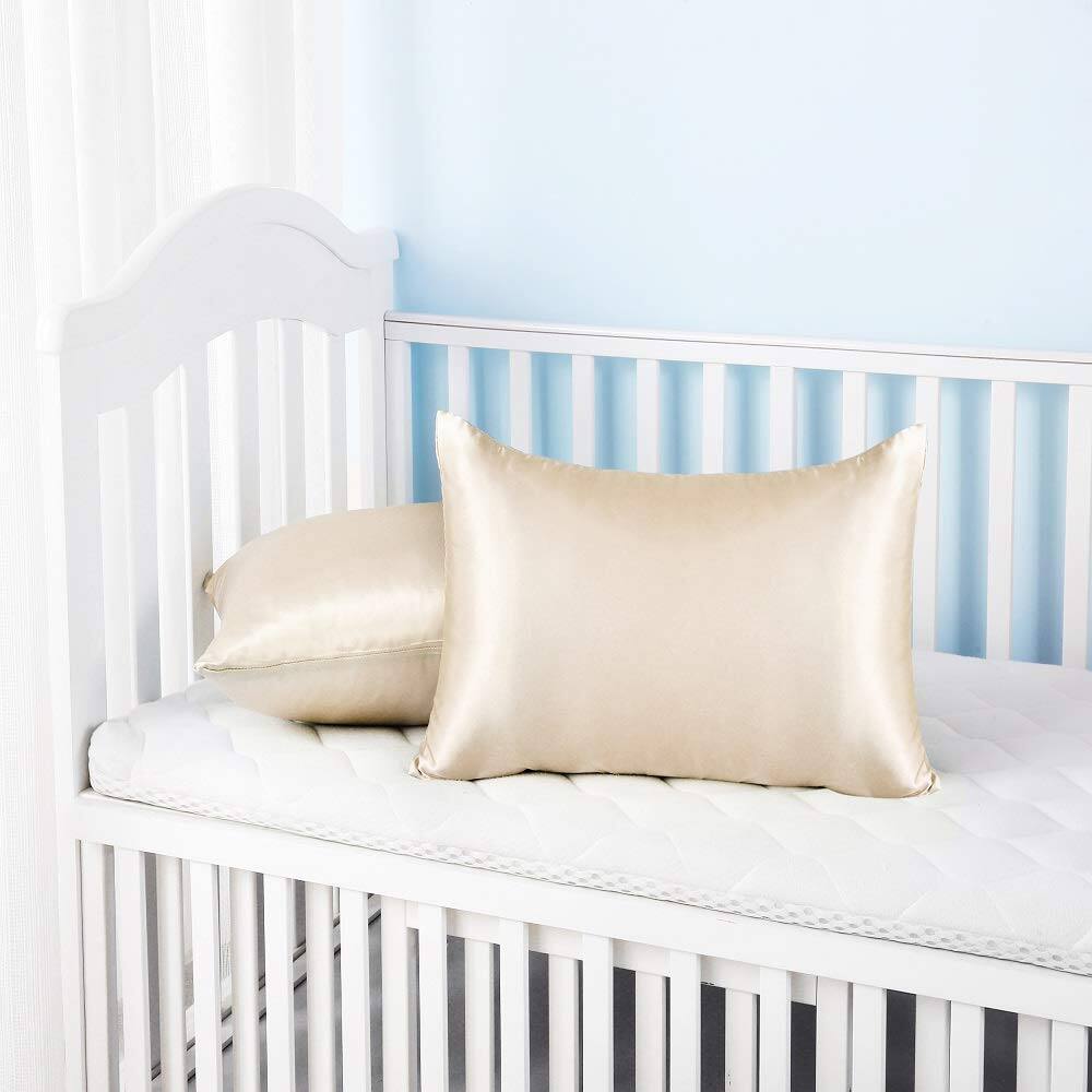 Back. MAGICAL RUBS - Silky Satin Pillowcases Set Of 2  Super Soft Travel Pillow Covers Small Cases With Envelope Closure 13"x 18" Champagne - Black Toddler (13" x 18").