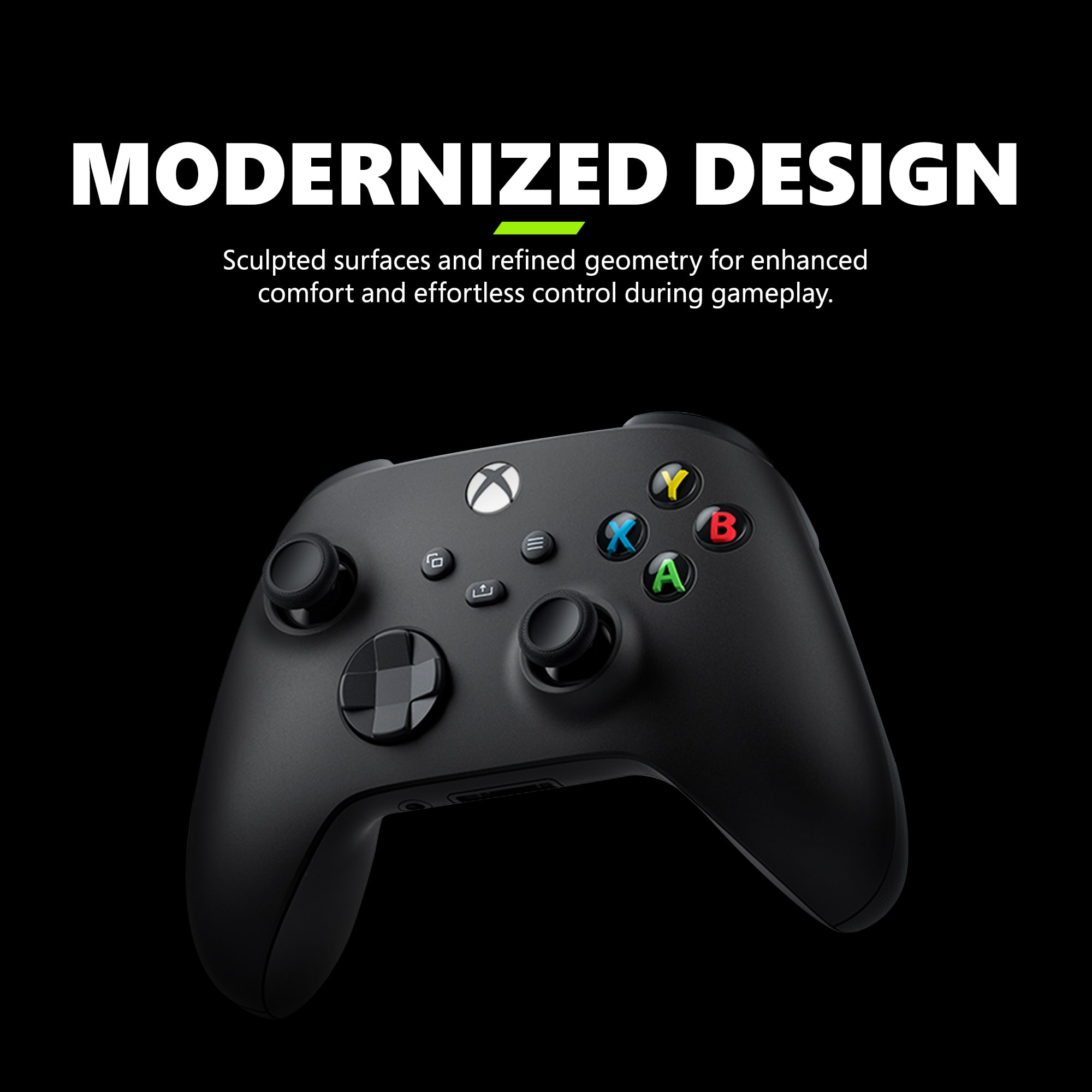 The text on the image is already grouped and correctly written. It reads: "Modernized Design: Sculpted surfaces and refined geometry for enhanced comfort and effortless control during gameplay."