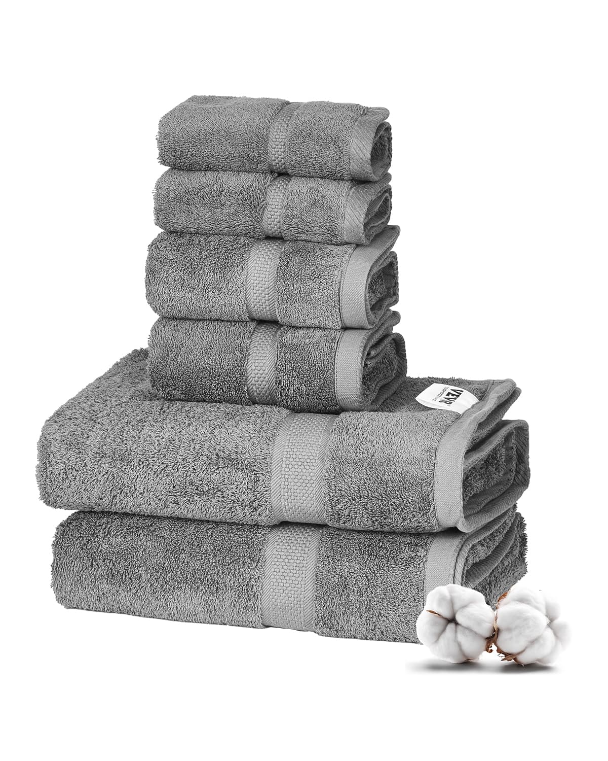 Front. VEVOR - 6-Piece Towel Set, 600 GSM 100% Cotton Towels for Bathroom, 2 Bath Towels, 2 Hand Towels and 2 Washcloths - Grey.