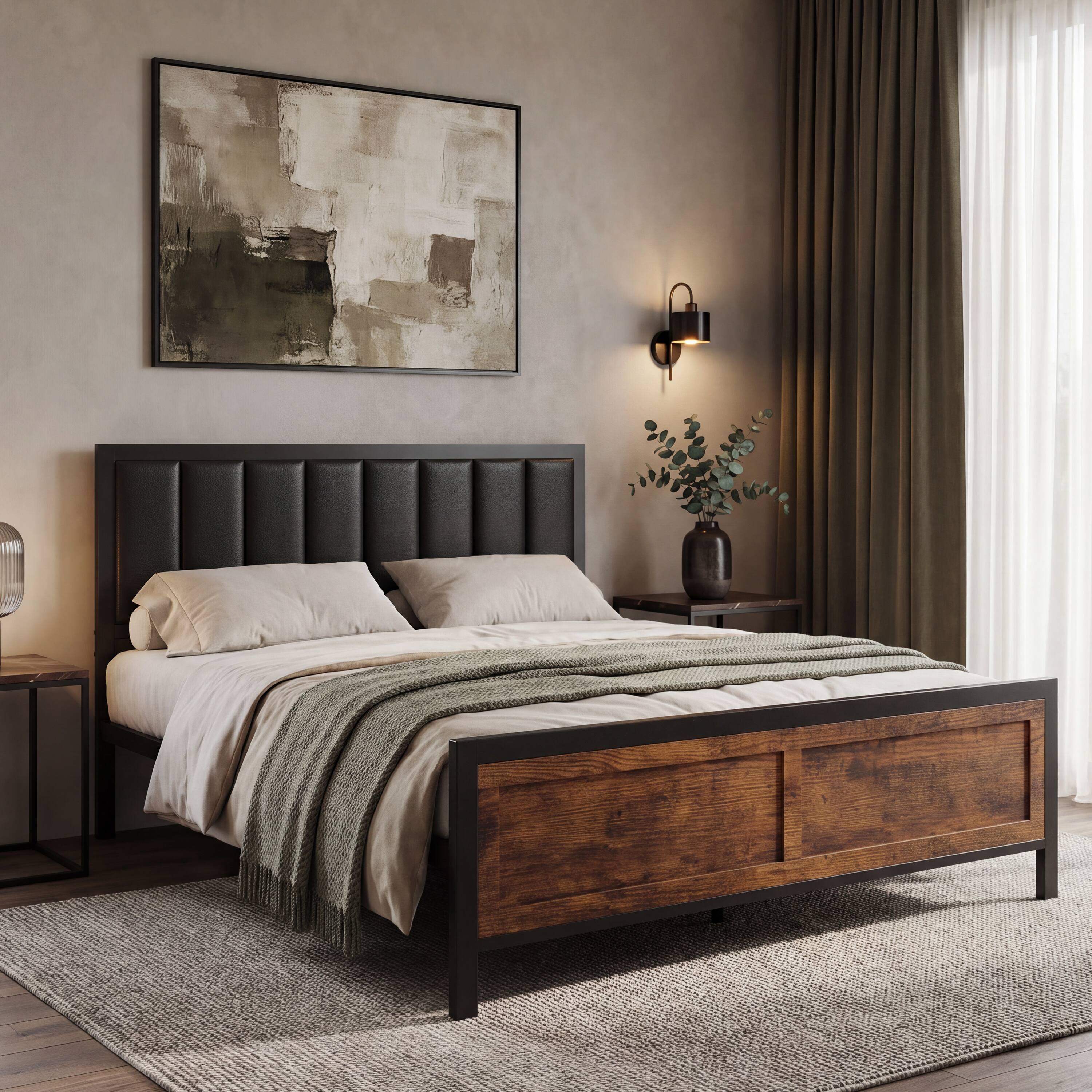 Left. Vipbear - Q/F Platform Bed Frame with Upholstered Headboard, Heavy Duty Platform Metal Bed, No Box Spring Needed - brown.