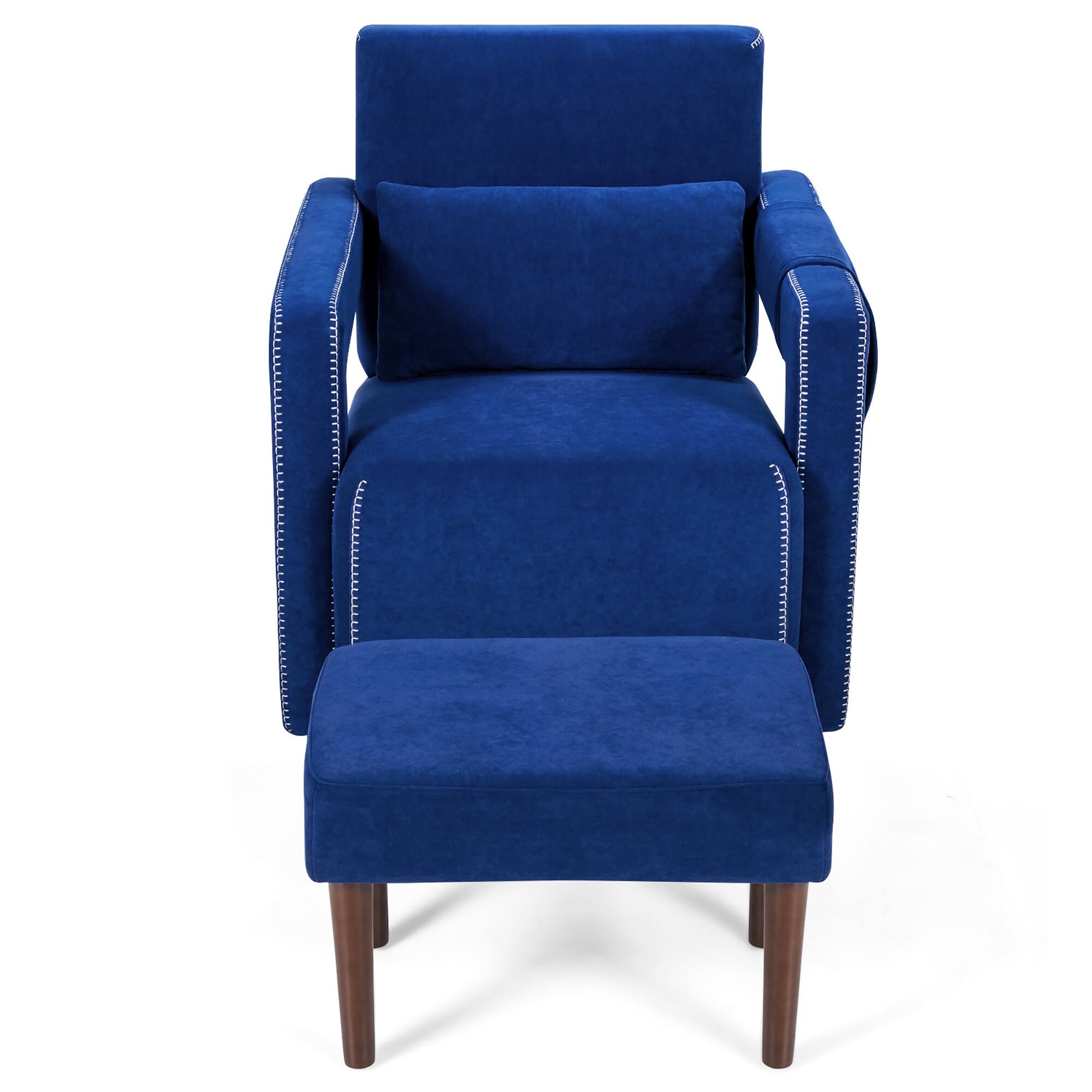 Left. Costway - Modern Berber Fleece Sofa Chair with Ottoman and Waist Pillow - Deep Sapphire Blue.