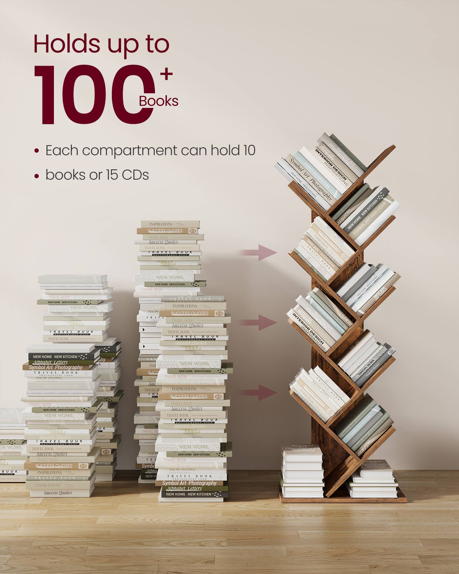 Holds up to  
100+ Books

- Each compartment can hold 10 books or 15 CDs