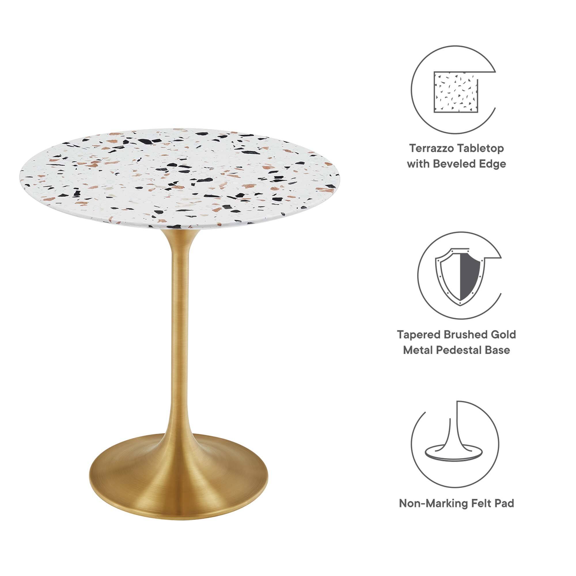 Terrazzo Tabletop with Beveled Edge  
Tapered Brushed Gold Metal Pedestal Base  
Non-Marking Felt Pad