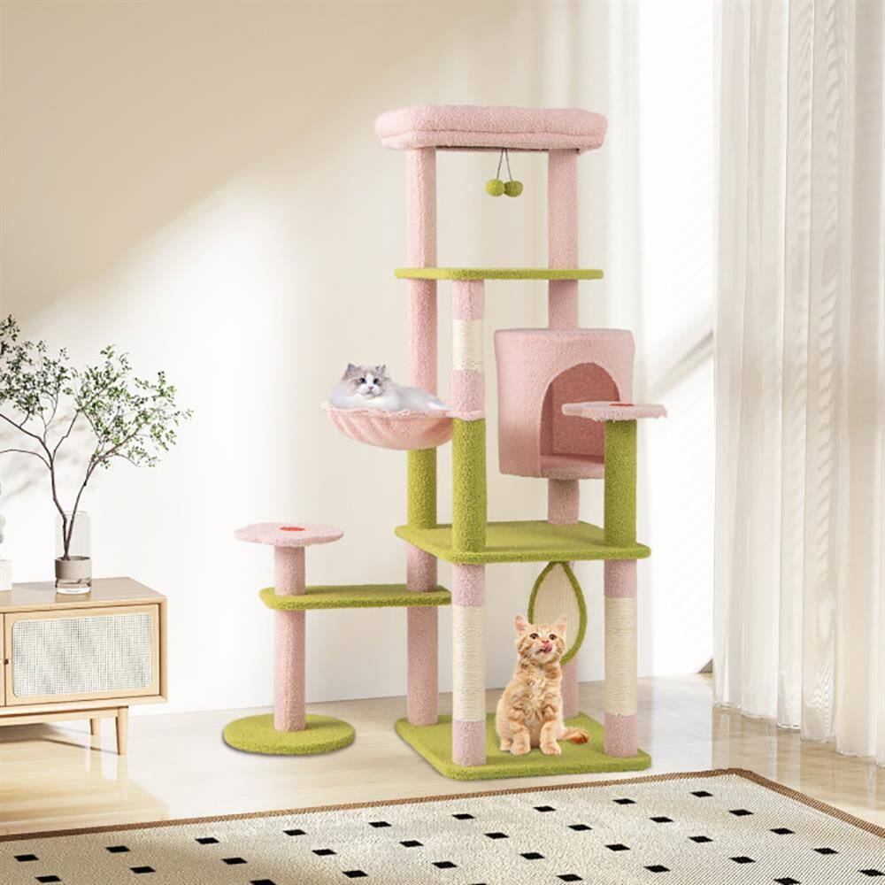Back. Kadyn - Cat Scratching Tower,Cat Tree, 58 Inch Tall Multi-Level Cat Tree Aesthetic Floral Kitten Tower-Pink - Pink.