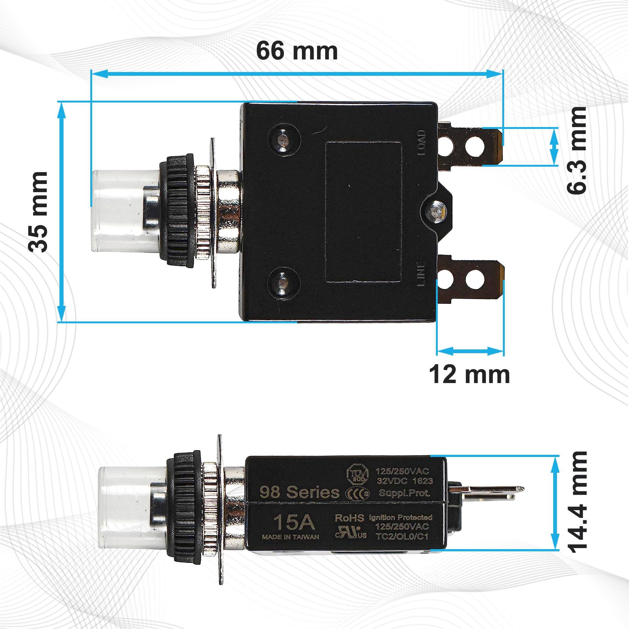 66 mm  
35 mm  
6.3 mm  
12 mm  
14.4 mm  

98 Series  
15A  
125/250VAC 32VDC  
1623  
RoHS Ignition Protected  
MADE IN TAIWAN  
cULus  
TC2/OL0/C1  

LOAD  
LINE  

Suppl. Prot