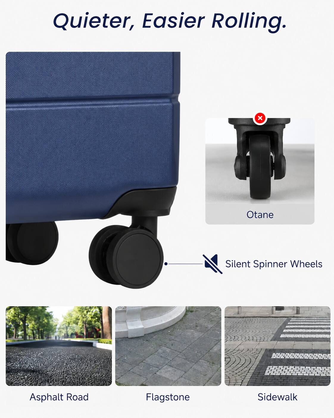 Quieter, Easier Rolling.  
Otane Silent Spinner Wheels  
Asphalt Road Flagstone Sidewalk