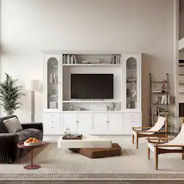 Famapy - Large TV Wall Unit with LED Lights, Fits Most TVs, Modern Living Room Storage Cabinet with Glass Doors - White