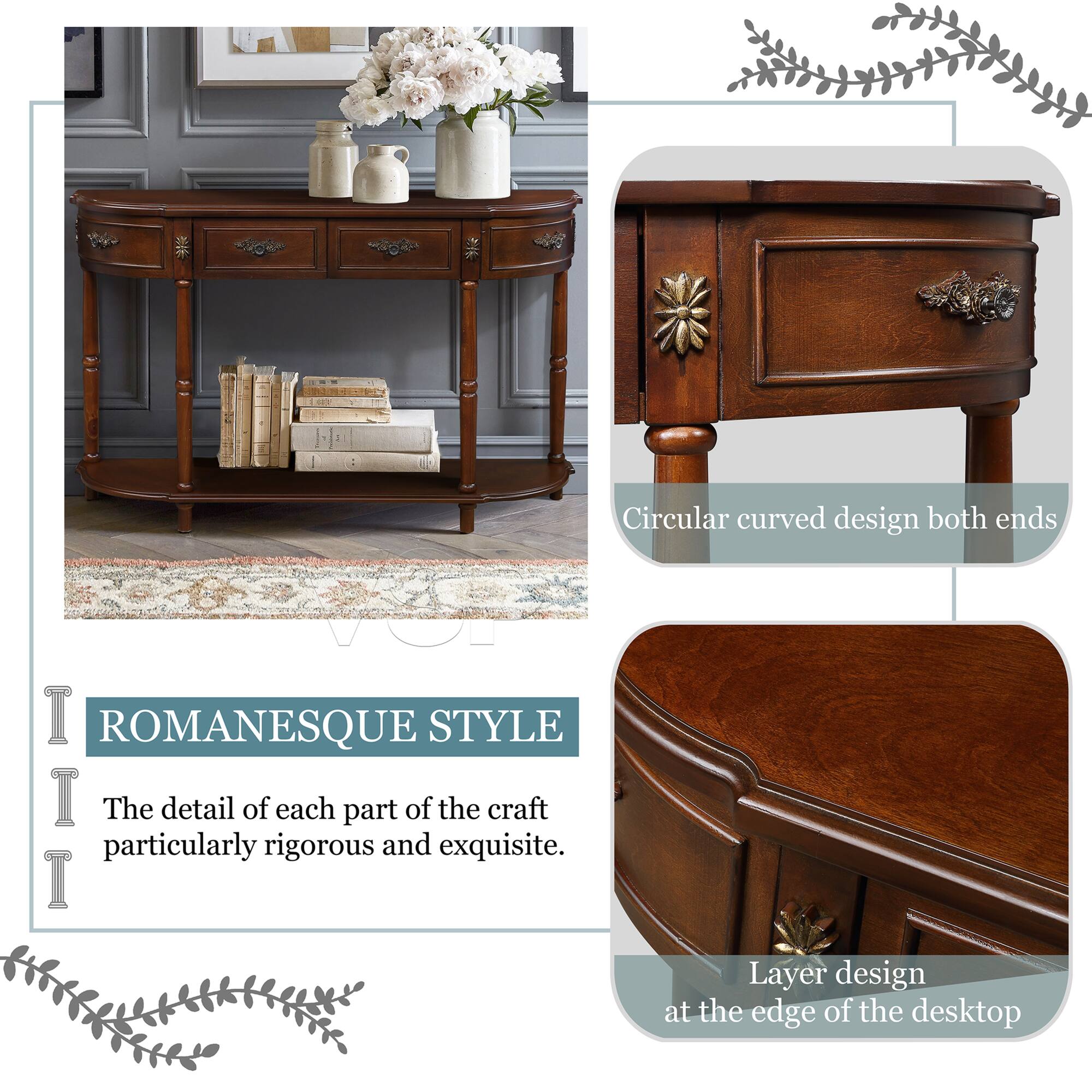 Circular curved design both ends

ROMANESQUE STYLE

The detail of each part of the craft particularly rigorous and exquisite.

Layer design at the edge of the desktop