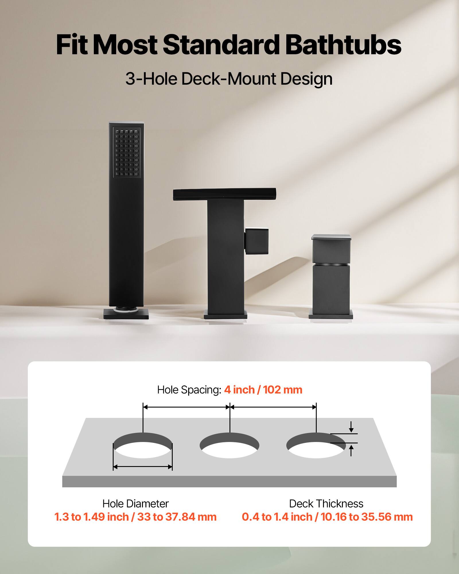 Fit Most Standard Bathtubs  
3-Hole Deck-Mount Design  

Hole Spacing: 4 inch / 102 mm  
Hole Diameter: 1.3 to 1.49 inch / 33 to 37.84 mm  
Deck Thickness: 0.4 to 1.4 inch / 10.16 to 35.56 mm