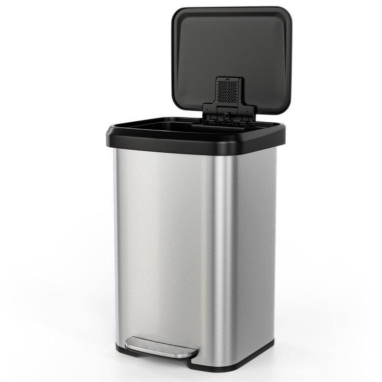 Angle. Hivvago - 13-Gallon Silver Stainless Steel Step Trash Can with Soft Close Lid - Silver.