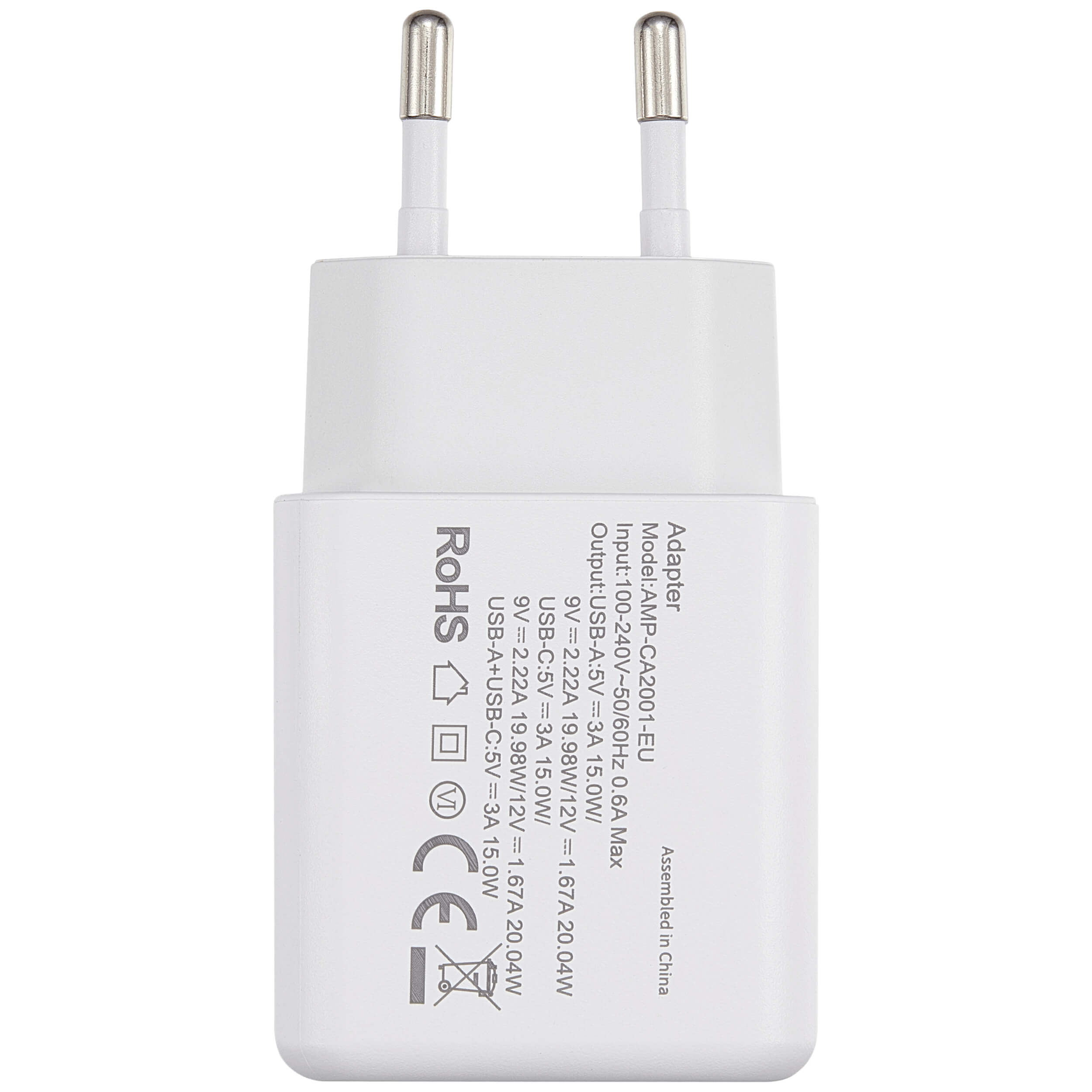 RoHS Adapter USB-A+USB-C:  
- USB-A: 5V=3A, 9V=1.67A  
- USB-C: 5V=3A, 9V=2.22A  

Output: USB-A: 5V=3A, 9V=1.67A  
Input: 100-240V~50/60Hz  

Model: AMP-CA2001-EU  
VI: 9.98W/12V, 15.0W/12V, 19.98W/12V, 15.0W/12V  
Max: 15.0W, 1.67A, 1.67A  

Assembled in China