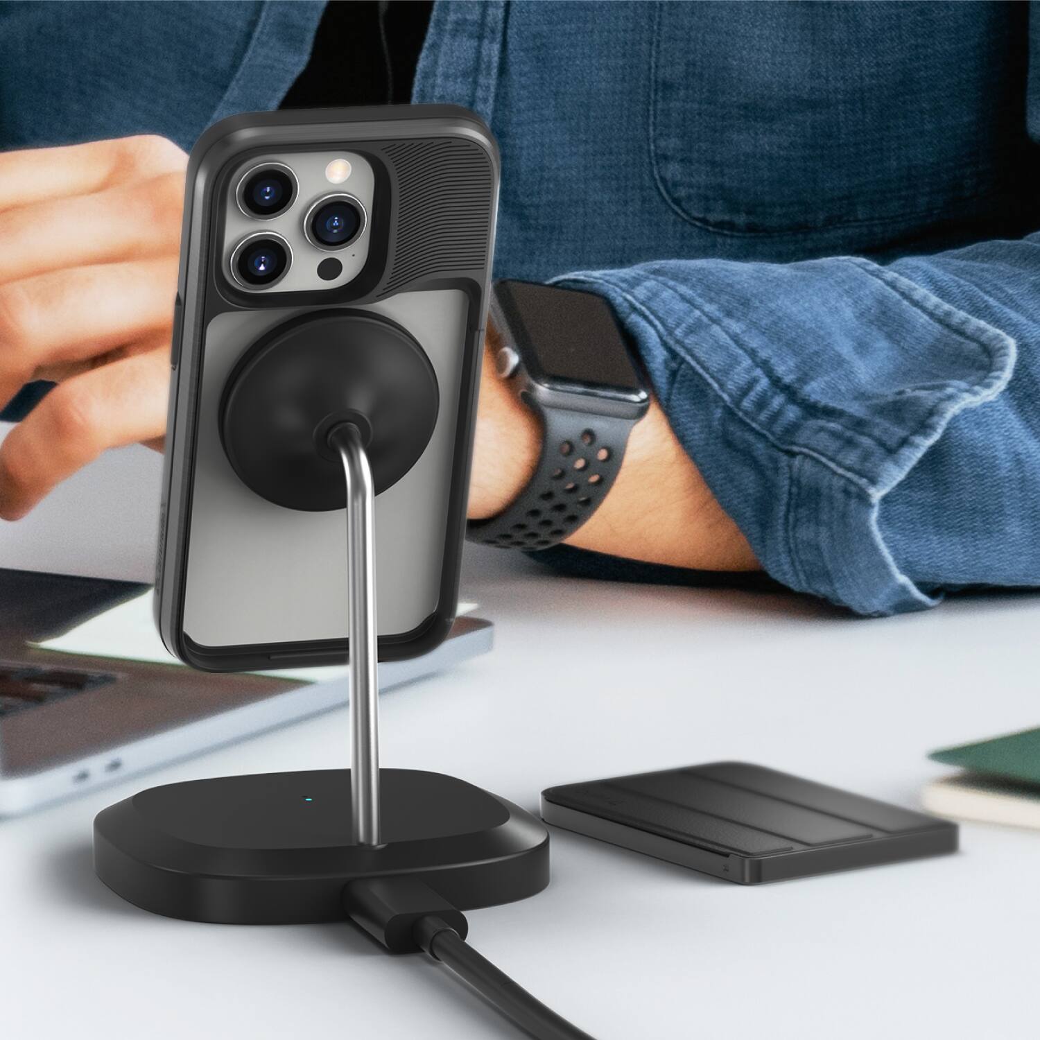 Angle. Vena - vCommuteX Wallet Case for Apple iPhone 15 Pro, Detachable Leather Cover Card Slot Holder W/ Kickstand, Gray / Black - Gray.