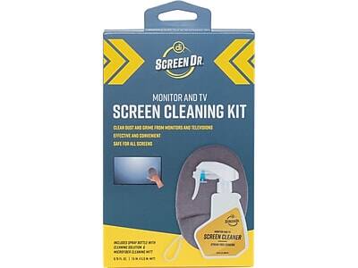 SCREEN DR.  
MONITOR AND TV SCREEN CLEANING KIT  

CLEAN DUST AND GRIME FROM MONITORS AND TELEVISIONS  
EFFECTIVE AND CONVENIENT  
SAFE FOR ALL SCREENS  

INCLUDES:  
- SCREEN CLEANER  
- MICROFIBER CLOTH  
- SPRAY BOTTLE WITH SPRAY NOZZLE  

SCREEN CLEANER  
SPRAY CLEANER WITH MICROFIBER CLOTH