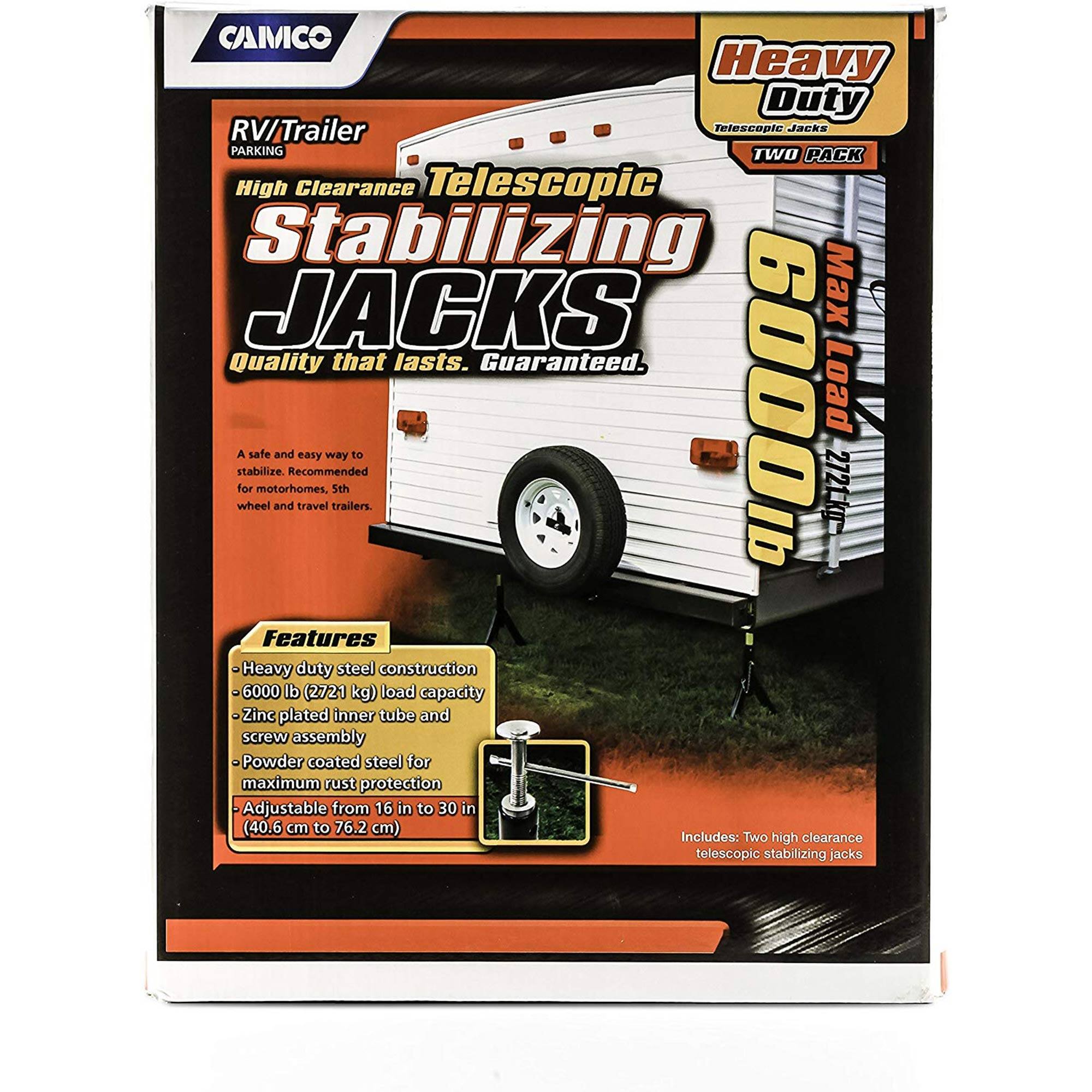 CAMCO Heavy Duty RV/Trailer Telescopic Stabilizing JACKS - High Clearance Telescopic Stabilizing JACKS x Quality that lasts. Guaranteed. 6000 Load A safe and easy way to stabilize Recommended for motorhomes, 5th wheel and travel trailers Features -Heavy duty steel construction -6000 lb (2721 kg) load capacity Zinc plated inner tube and screw assembly Powder coated steel for maximum rust protection Adjustable from 16 in to 30 in (40.6 cm to 76.2 cm) Includes: Two high clearance telescopic stabilizing jacks