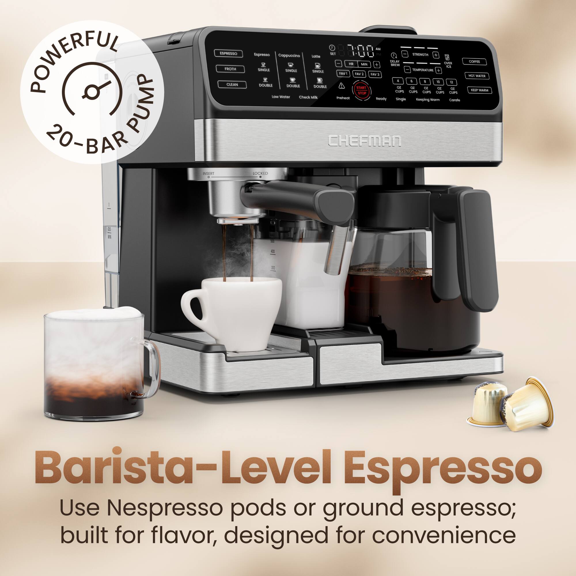 POWERFUL PUMP 20-BAR PRESSURE

Barista-Level Espresso

Use Nespresso pods or ground espresso; built for flavor, designed for convenience