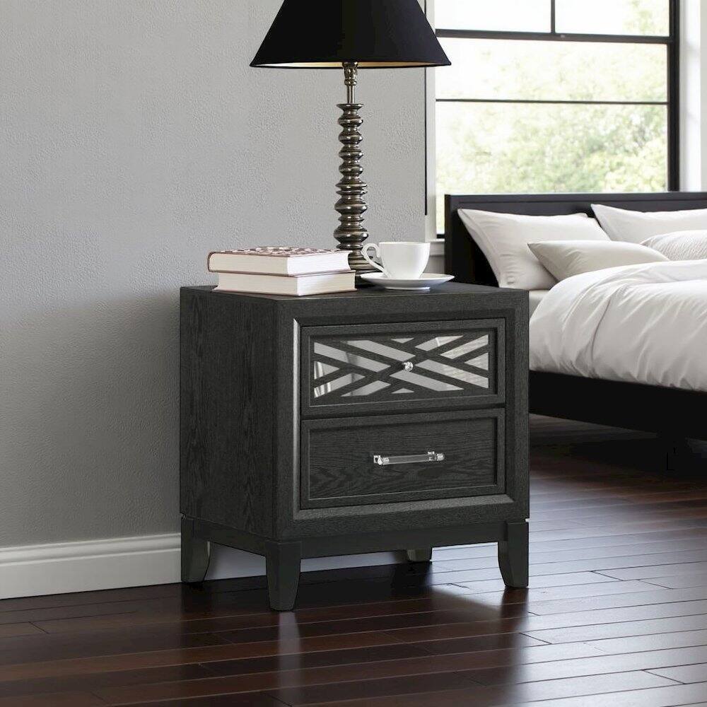 Left. FurniFact - Black 2 Drawer Nightstand – Solid Night Stand Black Wood Bedroom Chest - Black.