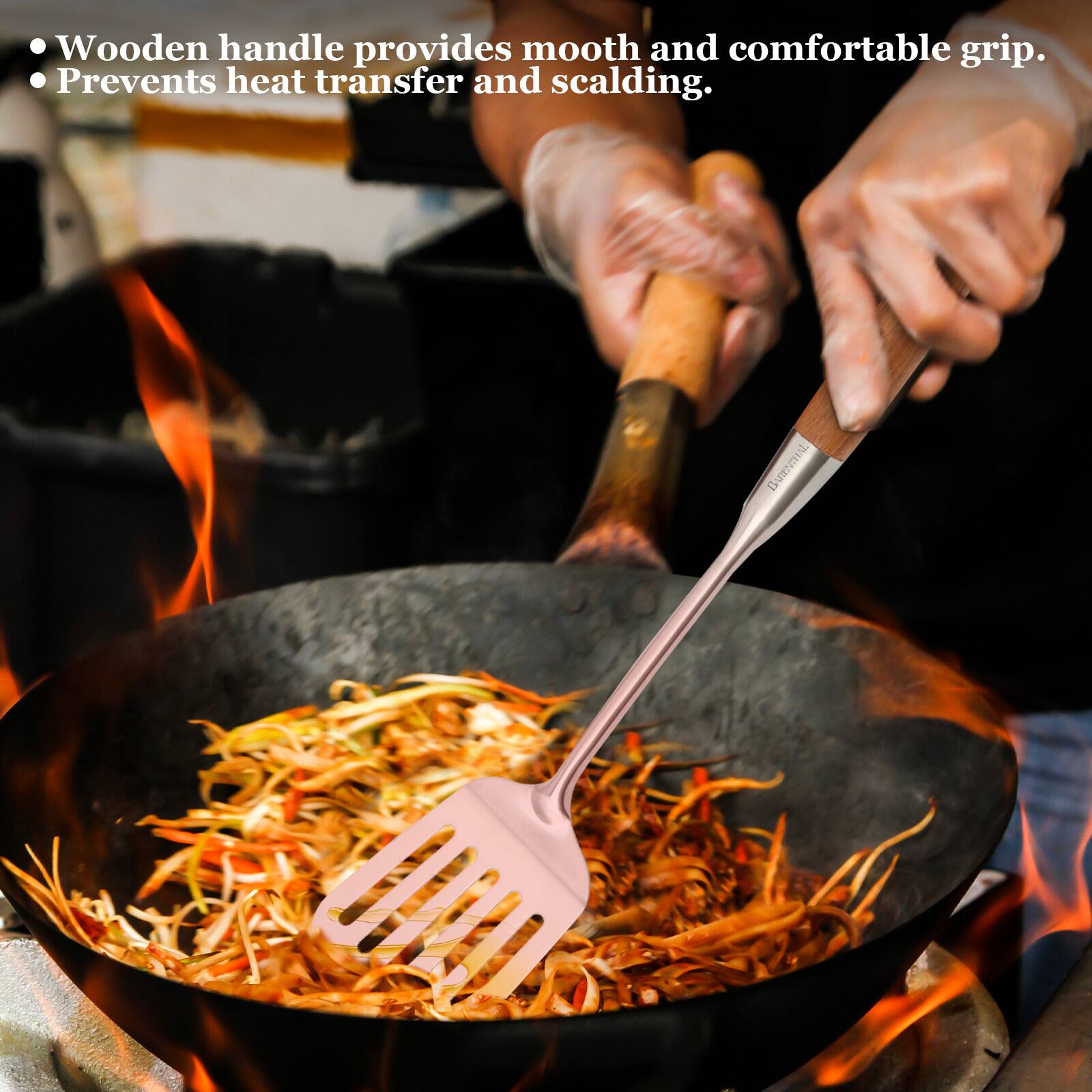 - Wooden handle provides smooth and comfortable grip.
- Prevents heat transfer and scalding.