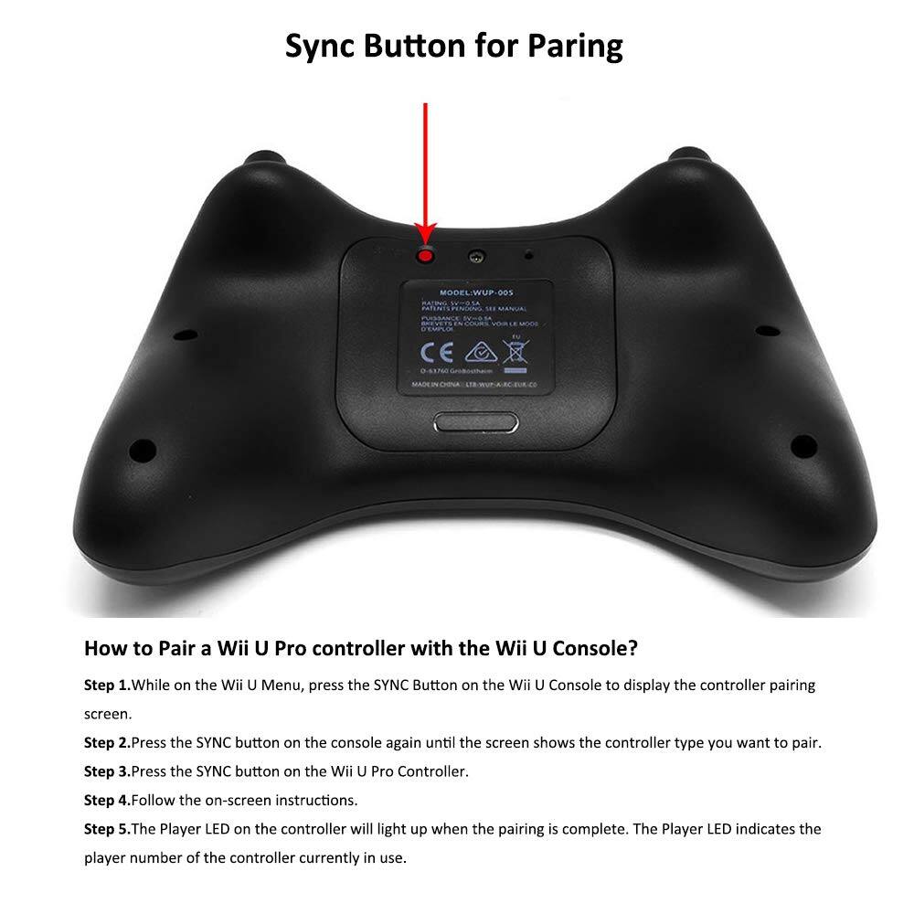 Sync Button for Pairing

How to Pair a Wii U Pro controller with the Wii U Console?

Step 1. While on the Wii U Menu, press the SYNC Button on the Wii U Console to display the controller pairing screen.

Step 2. Press the SYNC button on the console again until the screen shows the controller type you want to pair.

Step 3. Press the SYNC button on the Wii U Pro Controller.

Step 4. Follow the on-screen instructions.

Step 5. The Player LED on the controller will light up when the pairing is complete. The Player LED indicates the player number of the controller currently in use.
