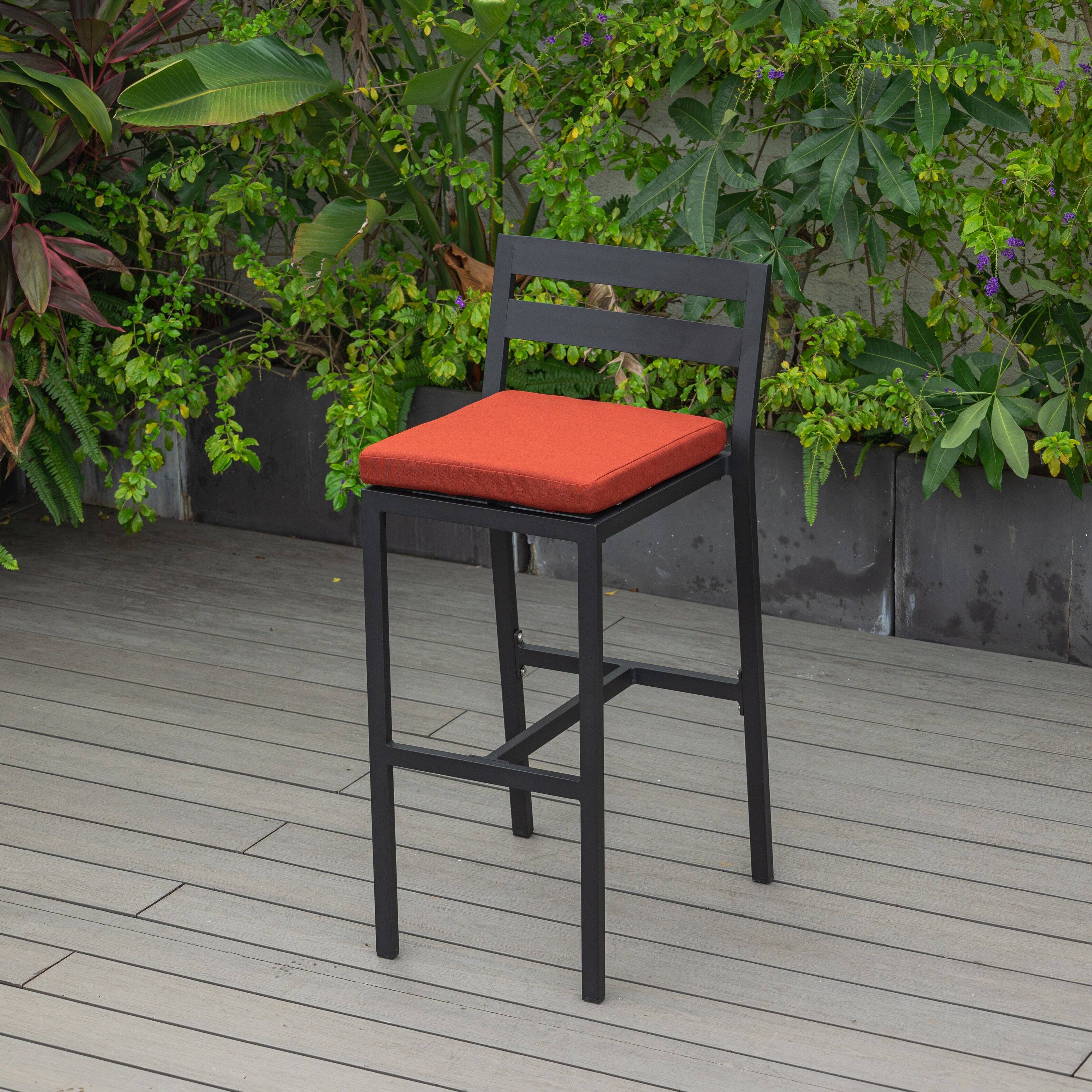 Back. LeisureMod - Chelsea 2-PCS Modern Outdoor Barstool, Powder-Coated Aluminum Patio Stool with Cushion - Cherry.