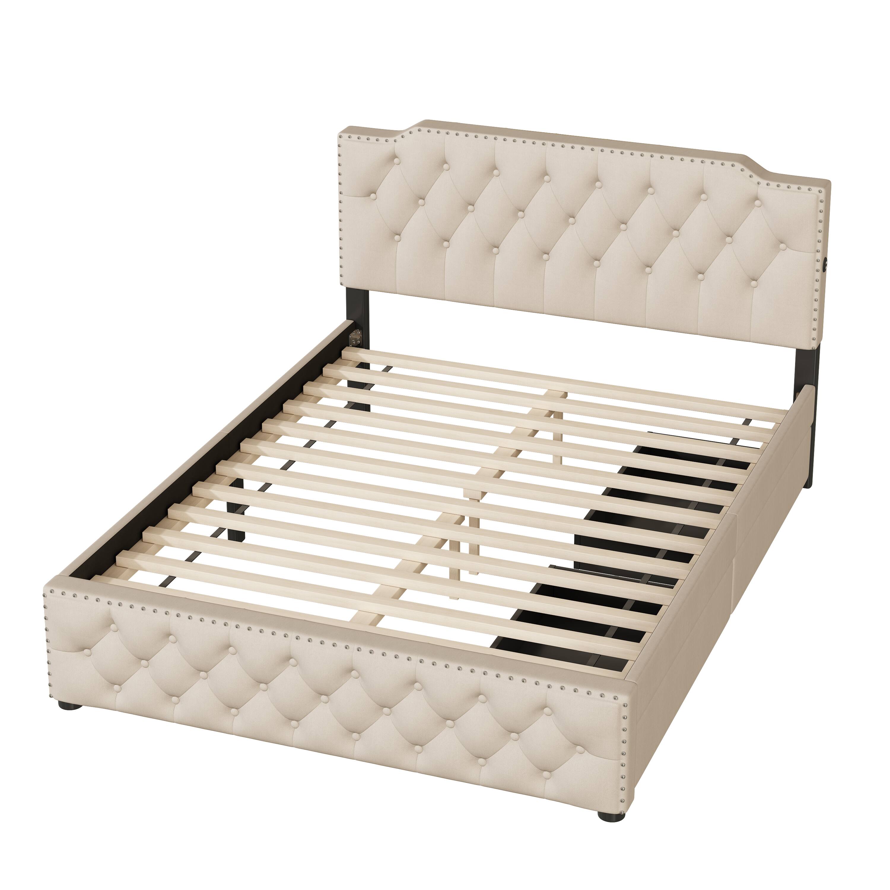 Alt View 3. Tiramisubest - Queen Size Upholstered Platform Bed with 2 Drawers and 2 sets of USB Ports on each side, Linen Fabric, Beige - Beige.