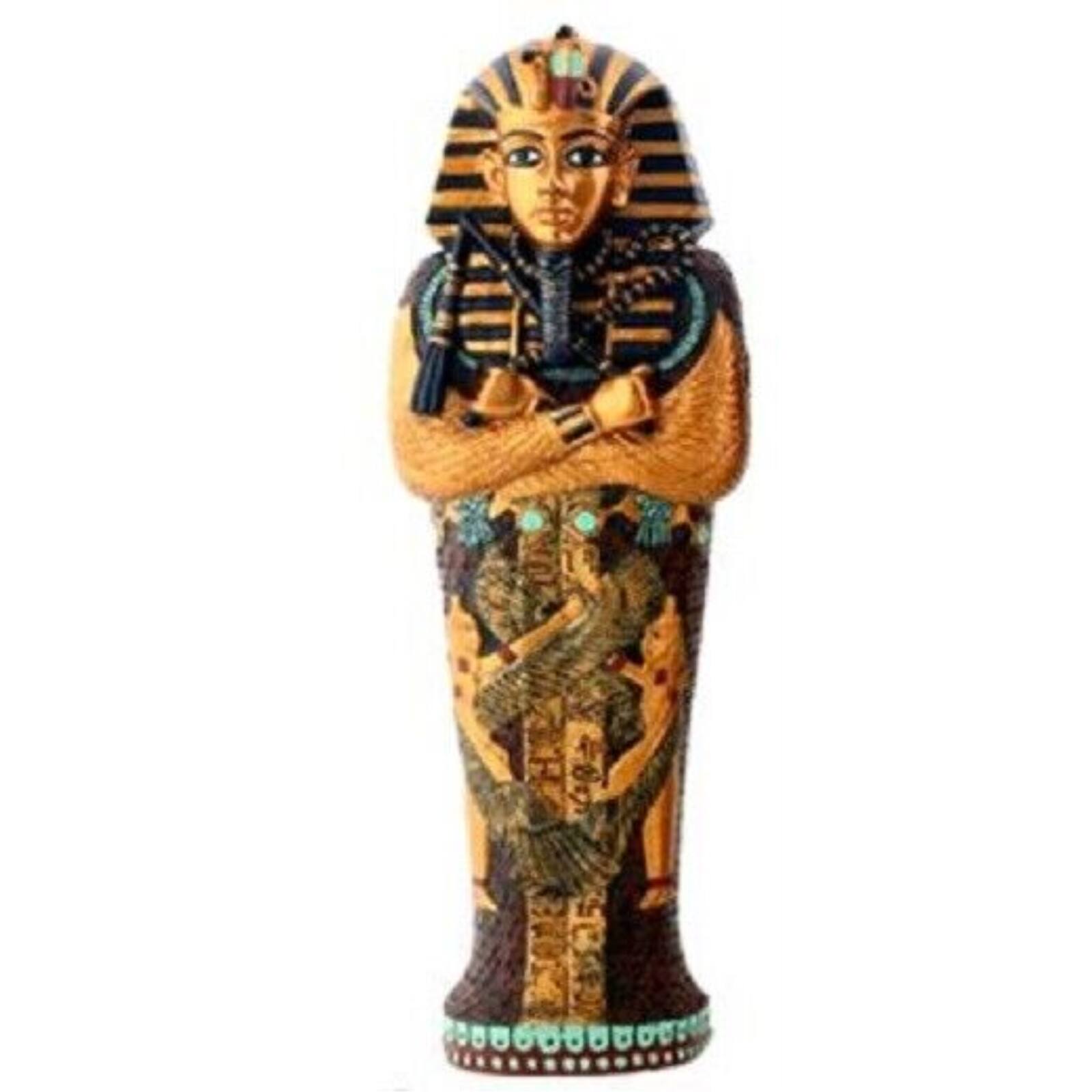 Angle. Pacific Trading - Egyptian Pharaoh King Tut in Coffin with Mummy Figurine.
