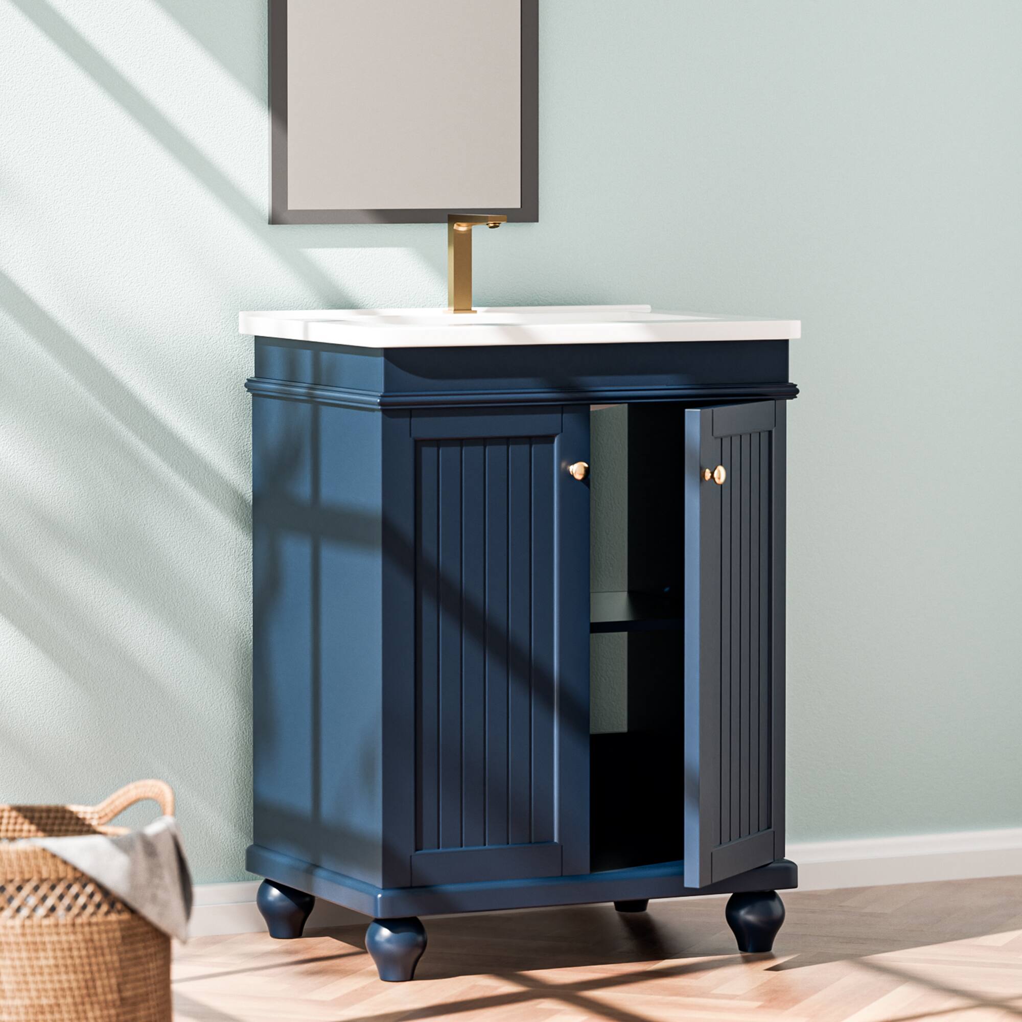 Angle. KERDOM - 24 inch Wide Bathroom Vanity with Ceramic Top Sink Bathroom Organizer Floor Wash Cabinet Roomy Washstand Soft Close Door - Blue.