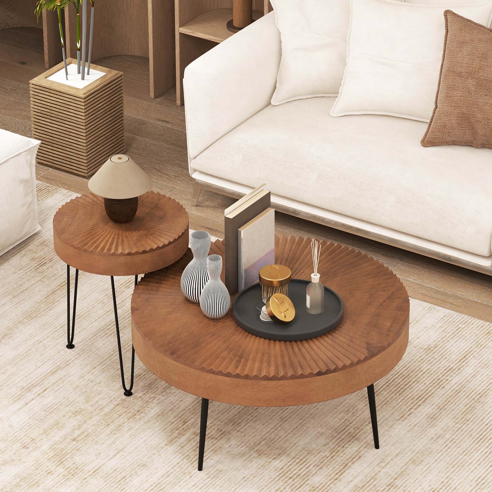 Alt View 11. Costway - Farmhouse Round CoffeeTable Set of 2 End Table Natural Finish for Living Room Coffee - Coffee.