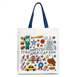 OrnamentallyYou - Happy 250 America Doodle Tote Bag, Patriotic USA 1776-2026 250th Anniversary Gift Shopper - White Navy