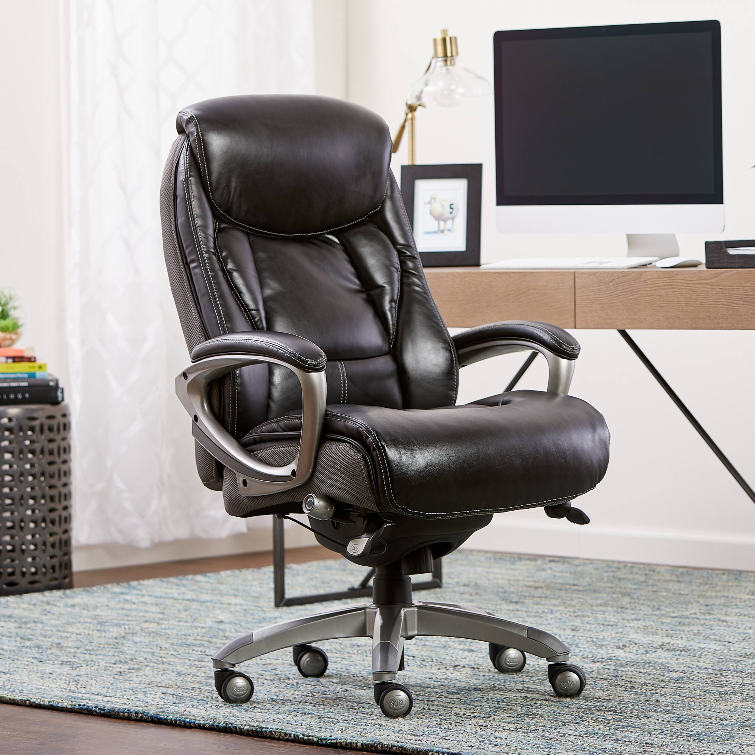 Left. Serta - Executive Home Office Desk Chair with Ergonomic High-Back Adjustable Lumbar and Body Pillows in Mesh and Leather - Black with Gray Mesh.
