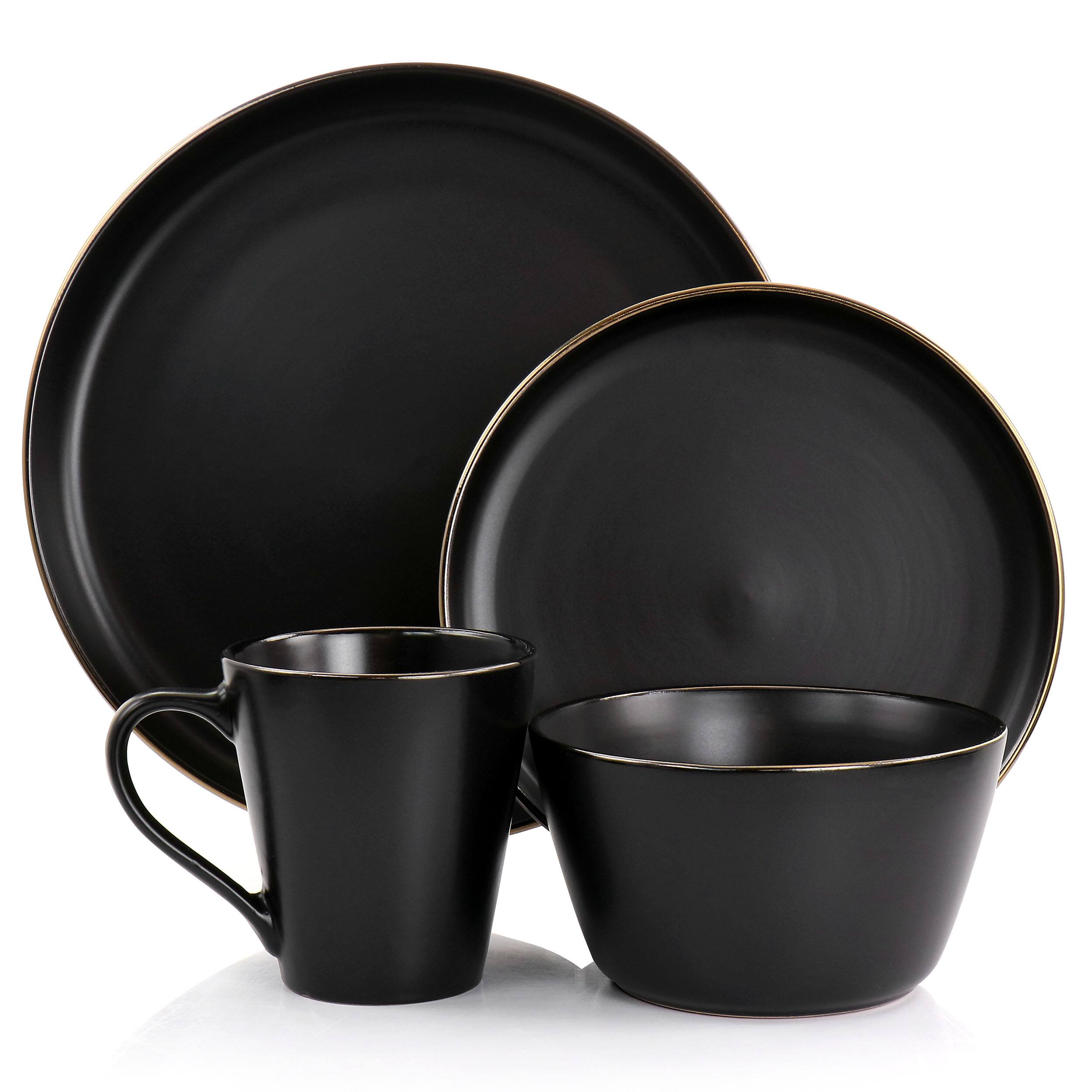 Alt View 1. Elama - Elama Paul 16 Piece Stoneware Dinnerware Set in Matte Black with Gold Rim - Black and Gold.