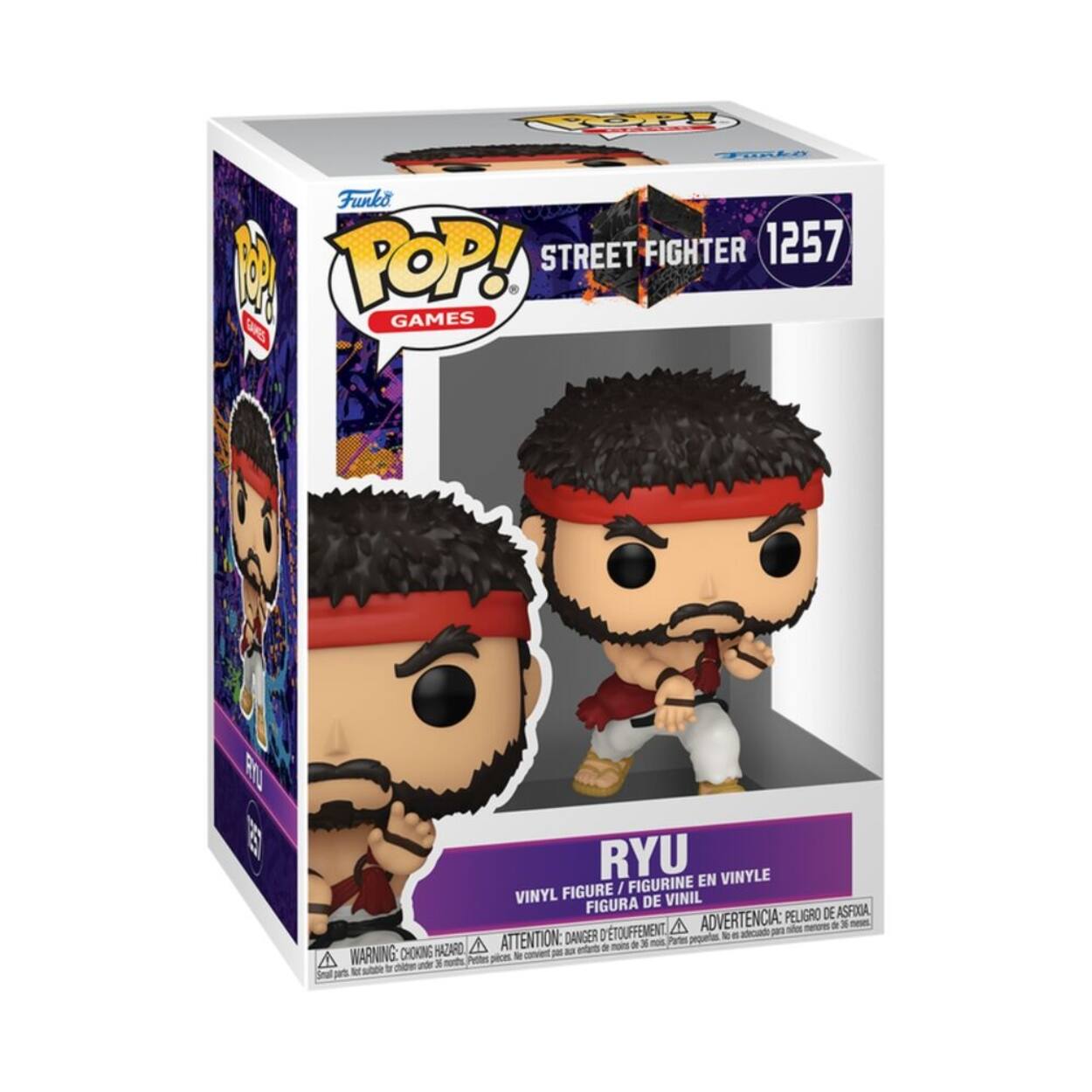 Funko POP! STREET FIGHTER 1257 Beef GAMES  
RYU FIGURINE EN VINYLE FIGURE / VINYL FIGURA DE VINIL  
PELIGRO DE ASFIXIA. D'TOUFFEMENT, A ADVERTENCIA: & para nifice de ATTENTION: DANGER de 36 pequetas. CHOKING HAZARD, ax enfards WARNING: on 16 Pettes Ne Small parts