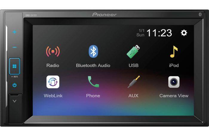 Sure, here is the corrected and grouped text from the image:

**Pioneer DMM-241EX**

- **Radio**
- **Bluetooth Audio**
- **USB**
- **iPod**
- **WebLink**
- **Phone**
- **AUX**
- **Camera View**

**1/1 Sun 11:23**