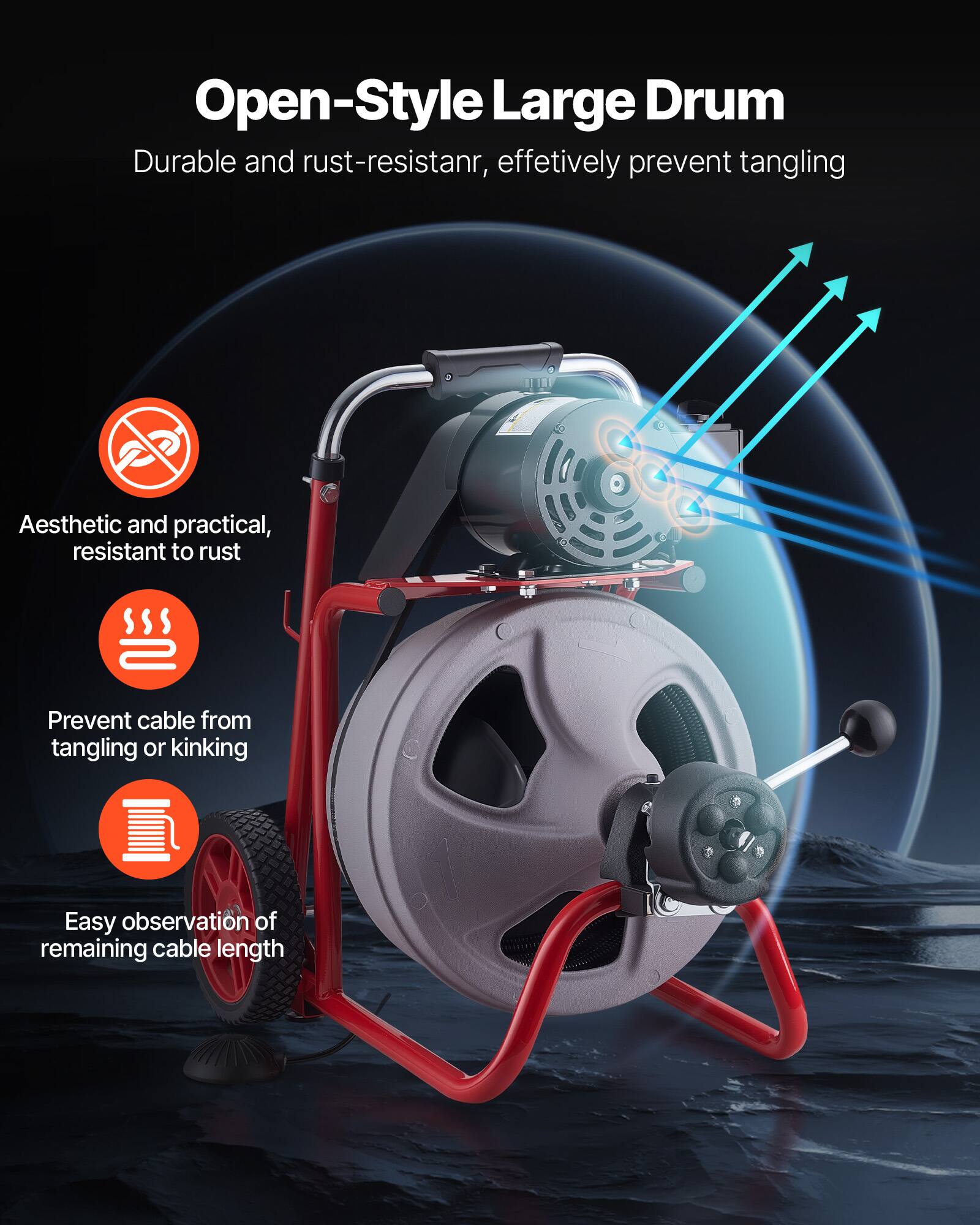 Open-Style Large Drum

Durable and rust-resistant, effectively prevent tangling

- Aesthetic and practical, resistant to rust
- Prevent cable from tangling or kinking
- Easy observation of remaining cable length
