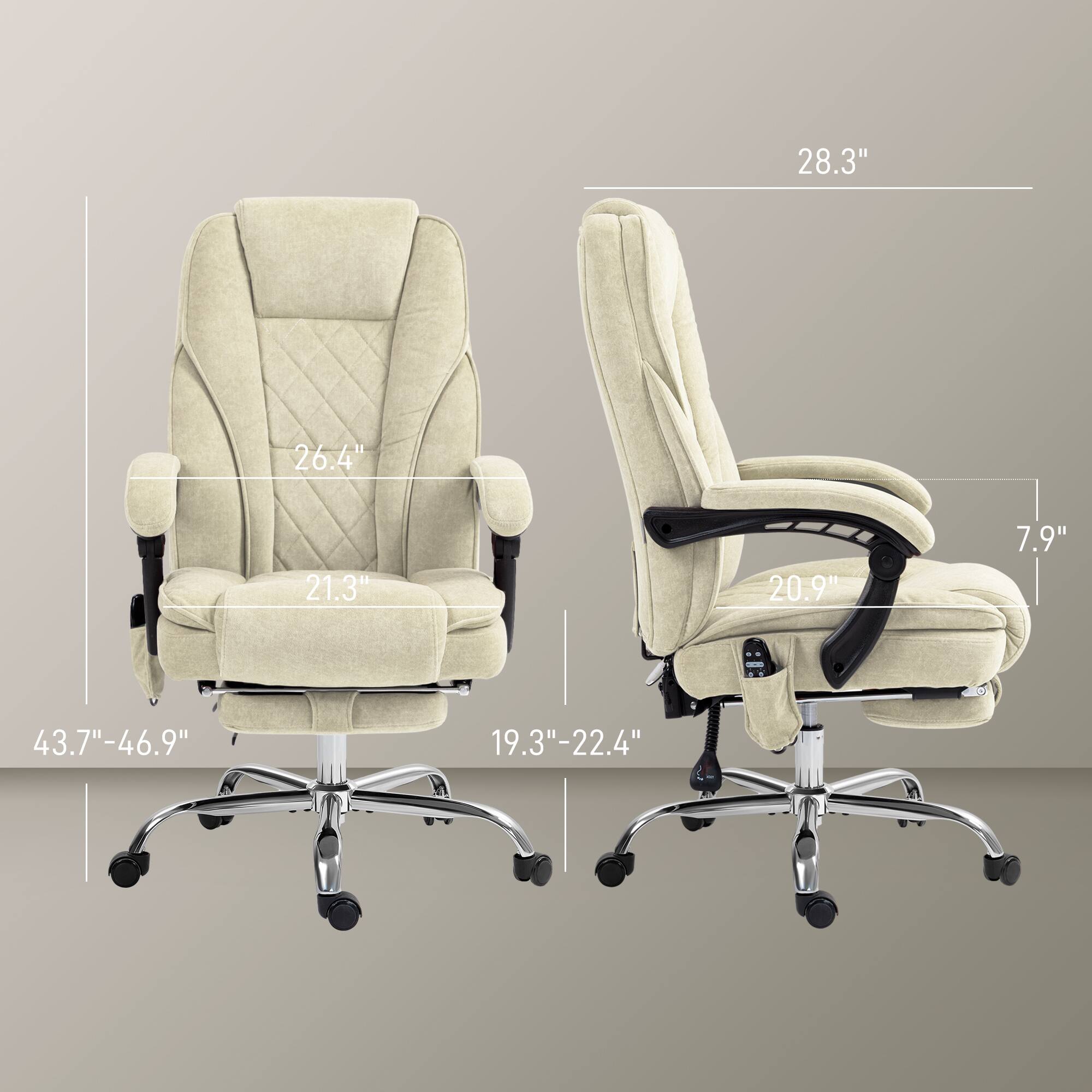 Height: 28.3", Width: 26.4", Depth: 21.3", Armrest height: 20.9", Backrest height: 7.9", Seat height: 19.3"-22.4", Seat depth: 43.7"-46.9"