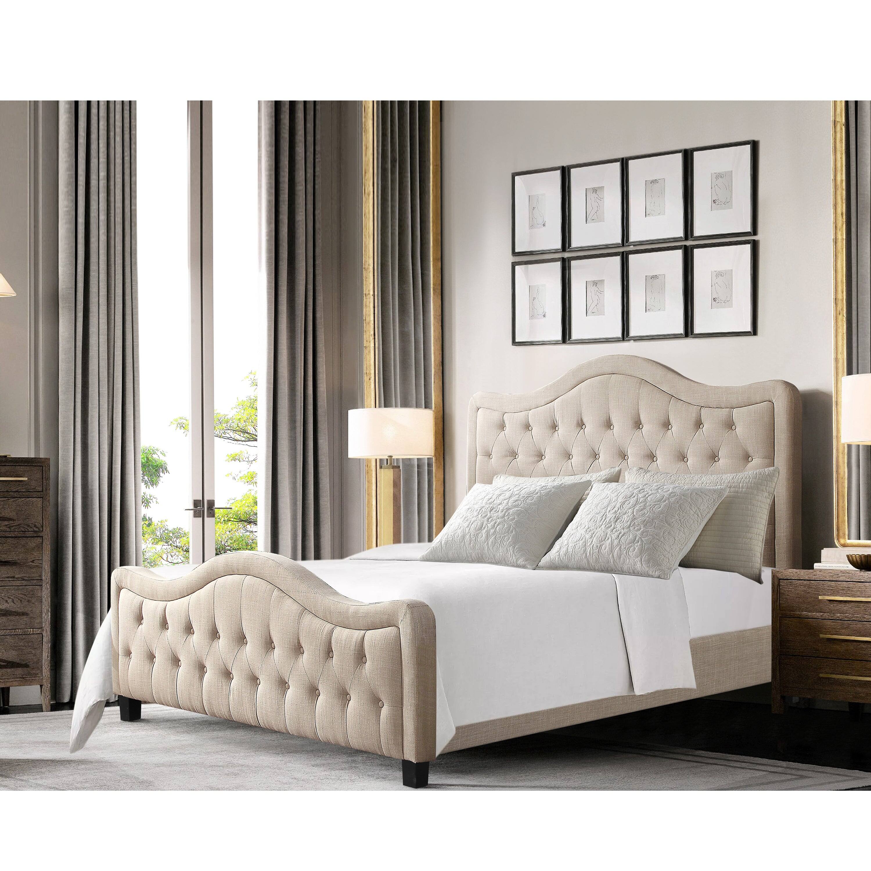 Alt View 4. Boyel Living - Curved Tufted Upholstered Bed with Solid Wood Frame and Optional High Footboard - Beige.